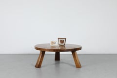 Mid-Century Brutalist Round Coffee Table, Pierre Chapo Style, Solid Oak
