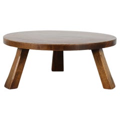 Mid-Century Brutalist Round Coffee Table, Pierre Chapo Style, Solid Oak