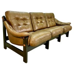 Mid Century Brutalist Scandinavian Oak and Leather Sling Sofa