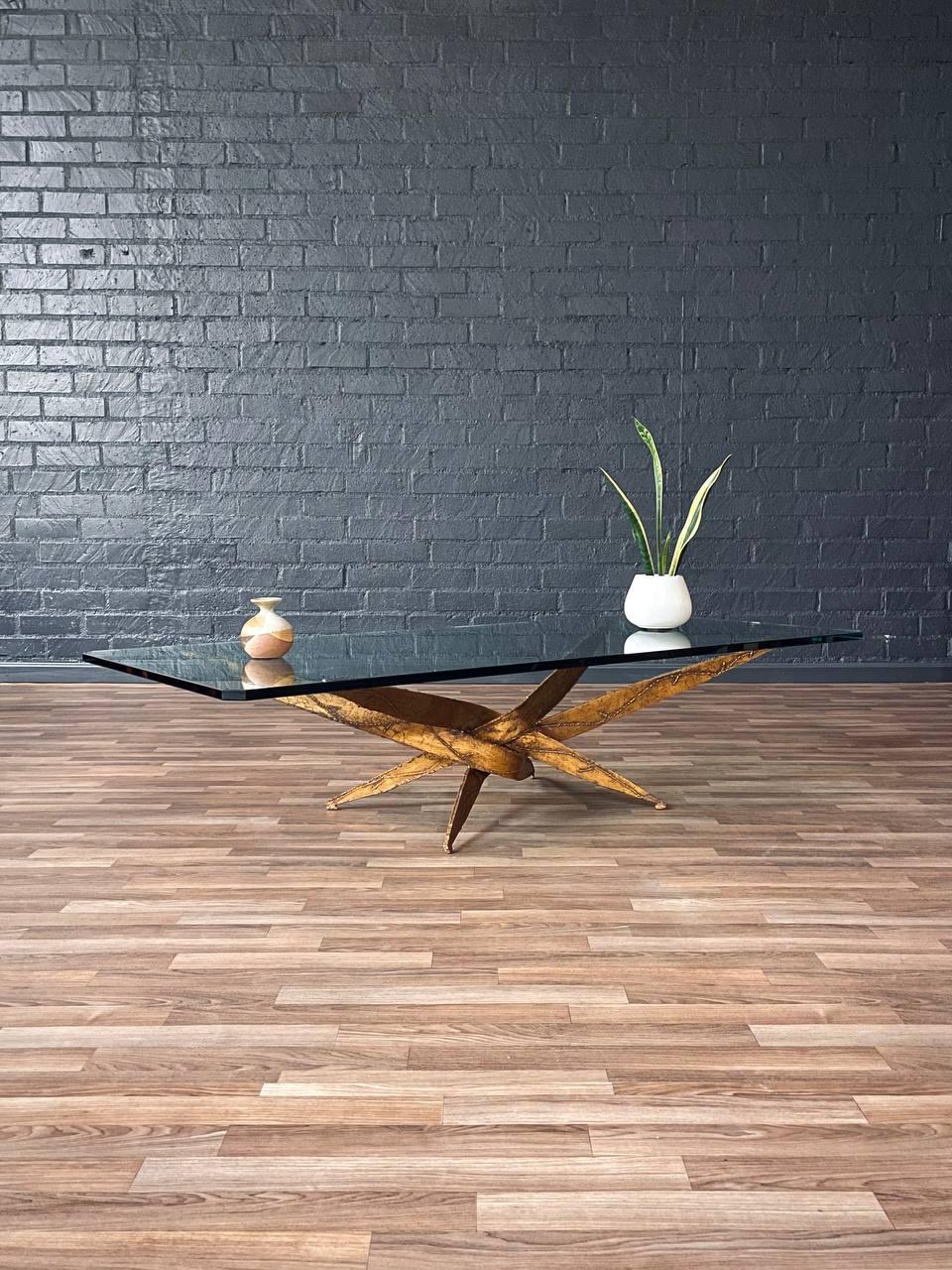 Mid-Century Modern Mid-Century Brutalist Sculptural Torch Cut Steel Coffee Table w/ Glass Top