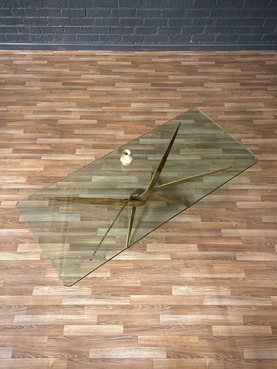 American Mid-Century Brutalist Sculptural Torch Cut Steel Coffee Table w/ Glass Top