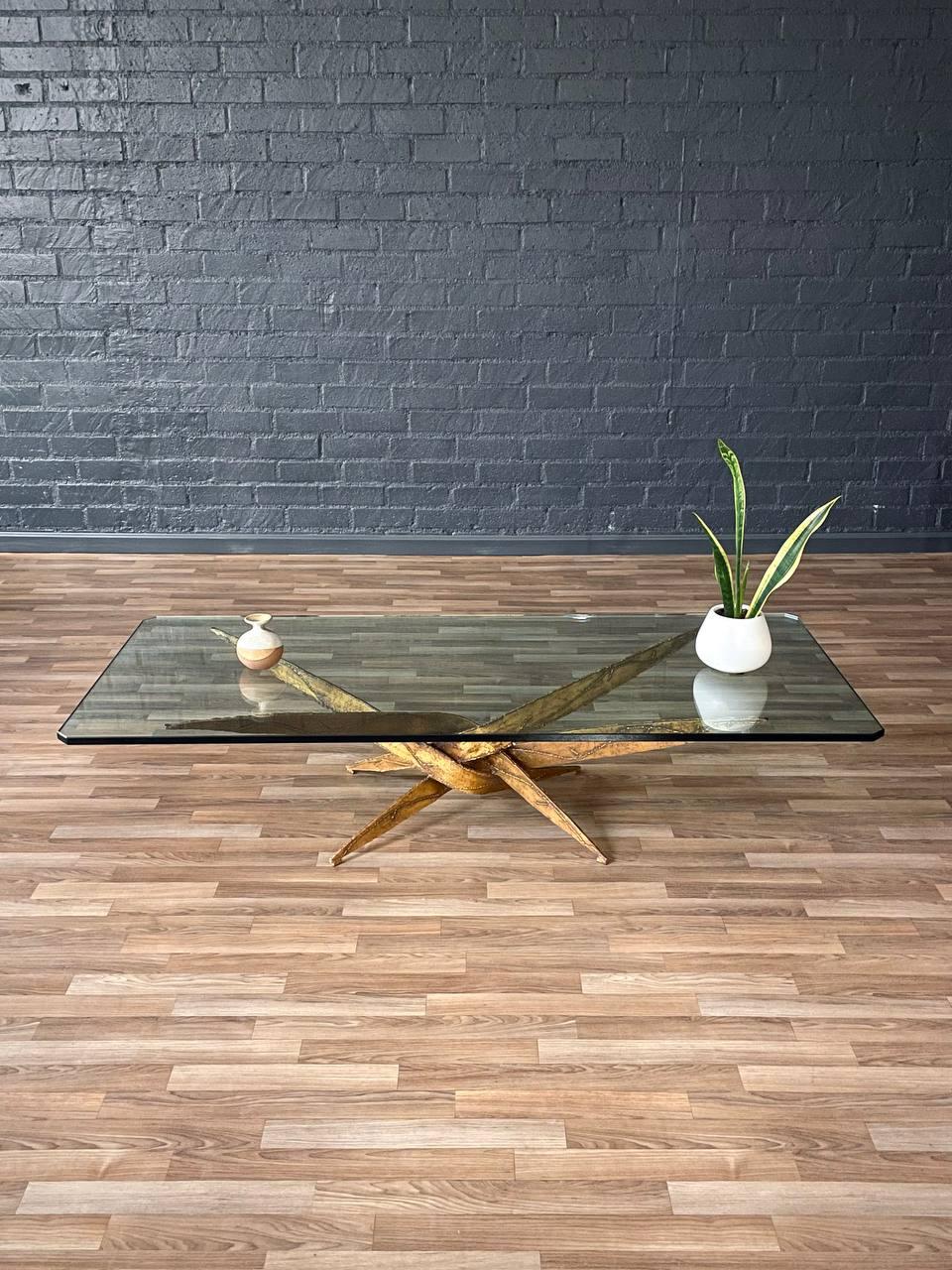 Mid-Century Brutalist Sculptural Torch Cut Steel Coffee Table w/ Glass Top In Good Condition In Los Angeles, CA