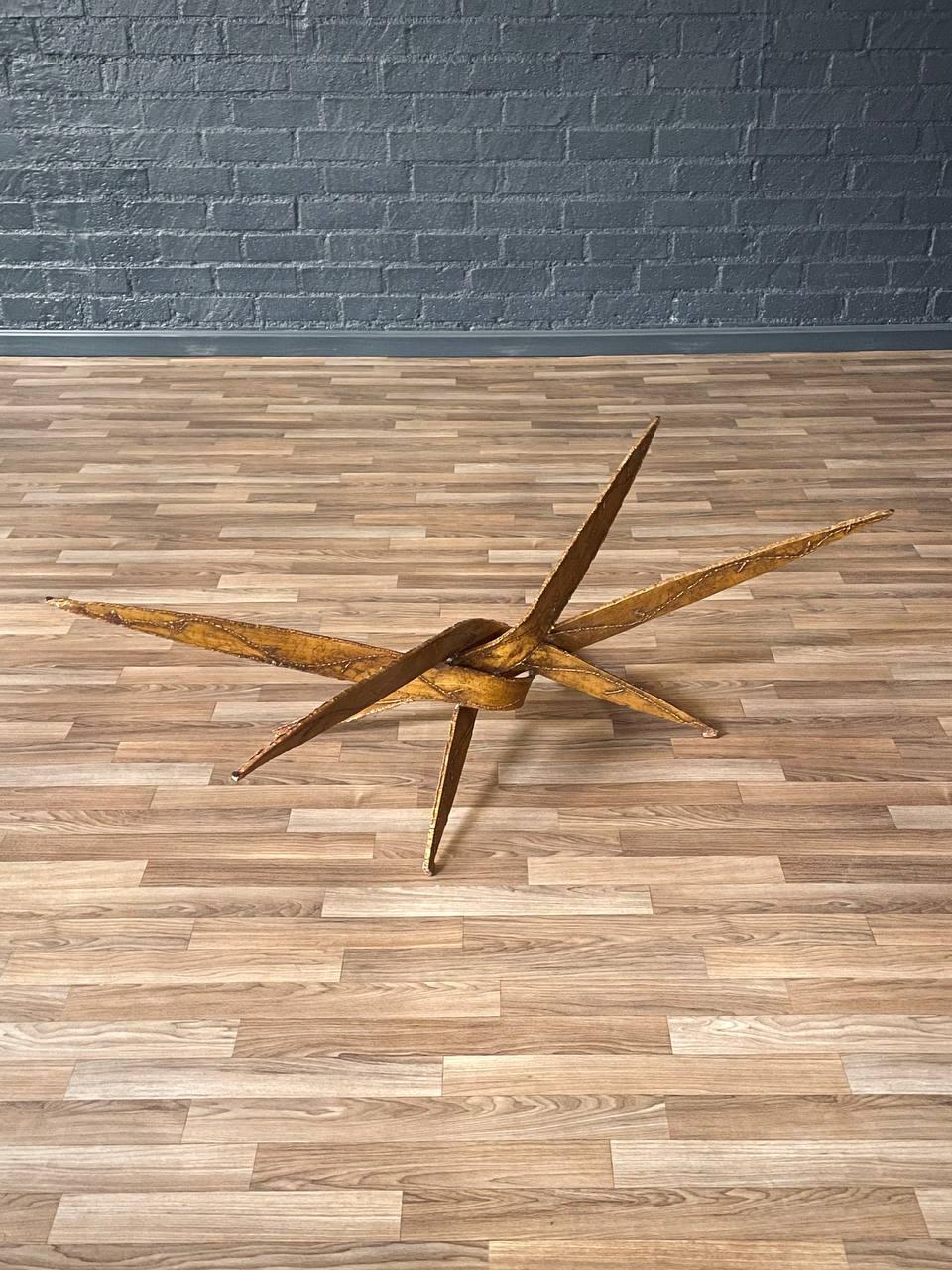 Late 20th Century Mid-Century Brutalist Sculptural Torch Cut Steel Coffee Table w/ Glass Top