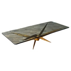 Mid-Century Brutalist Sculptural Torch Cut Steel Coffee Table w/ Glass Top