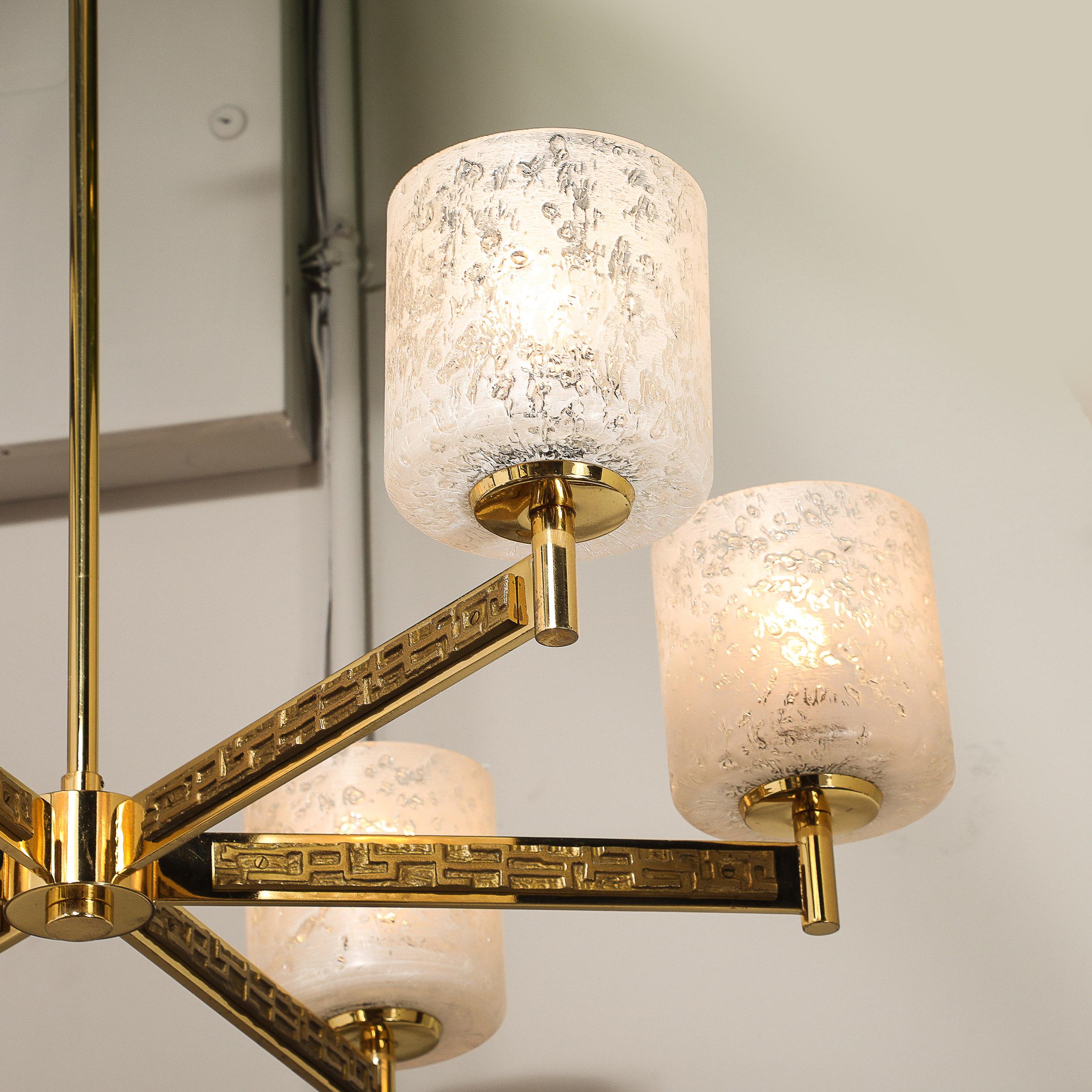 Mid-Century Brutalist Six Arm Textural Brass & Mottled Glass Chandelier For Sale 4