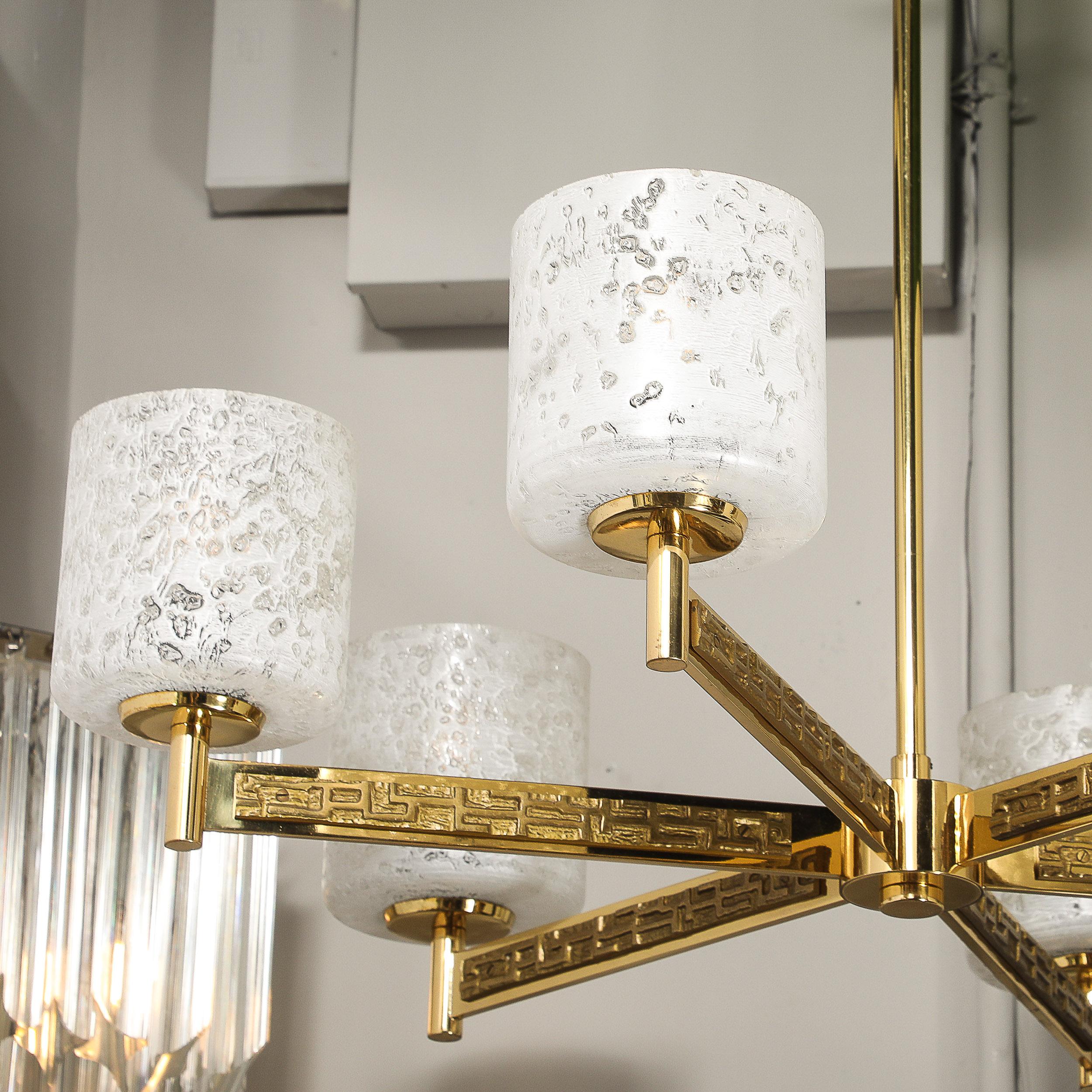 Mid-Century Brutalist Six Arm Textural Brass & Mottled Glass Chandelier For Sale 5