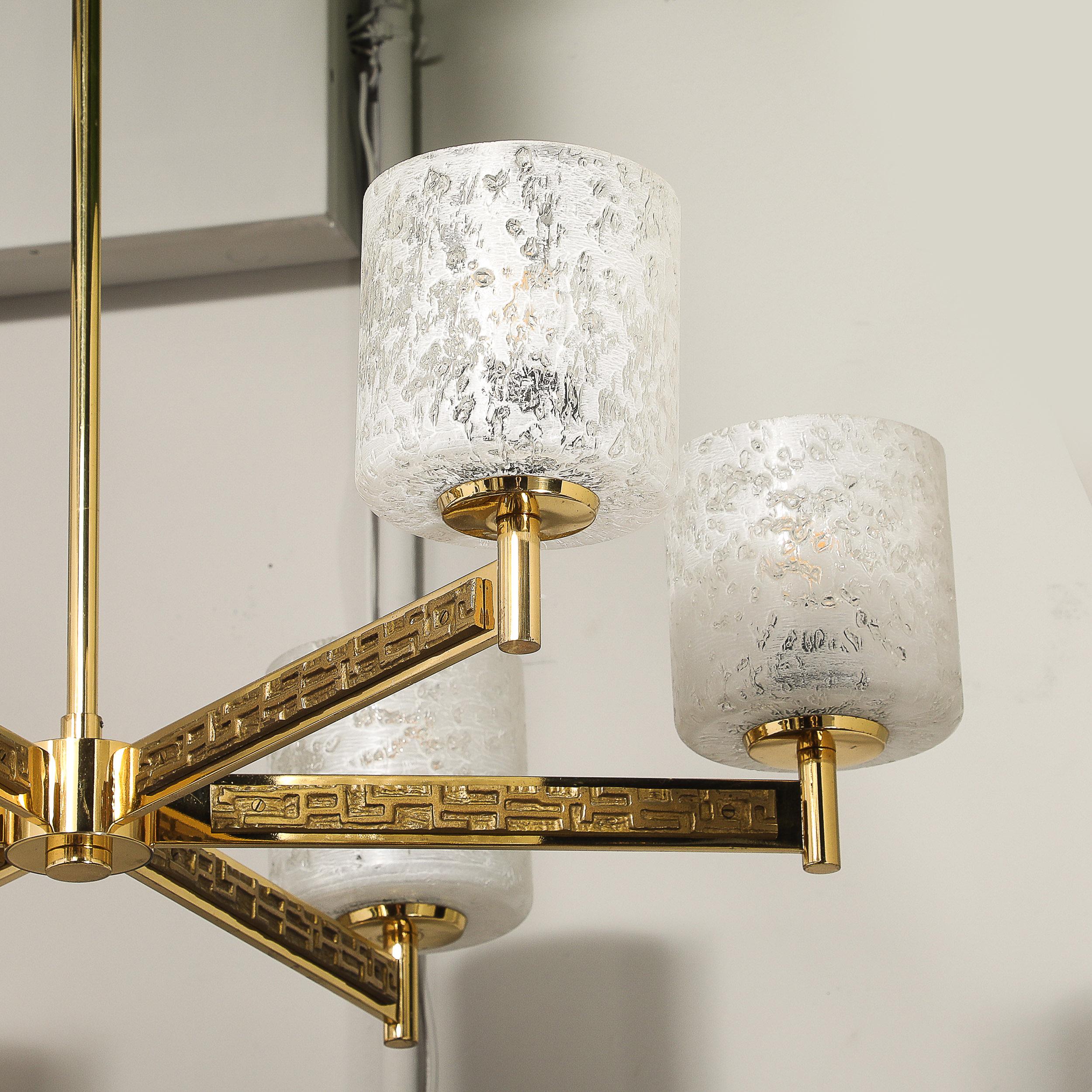 Mid-Century Brutalist Six Arm Textural Brass & Mottled Glass Chandelier For Sale 6