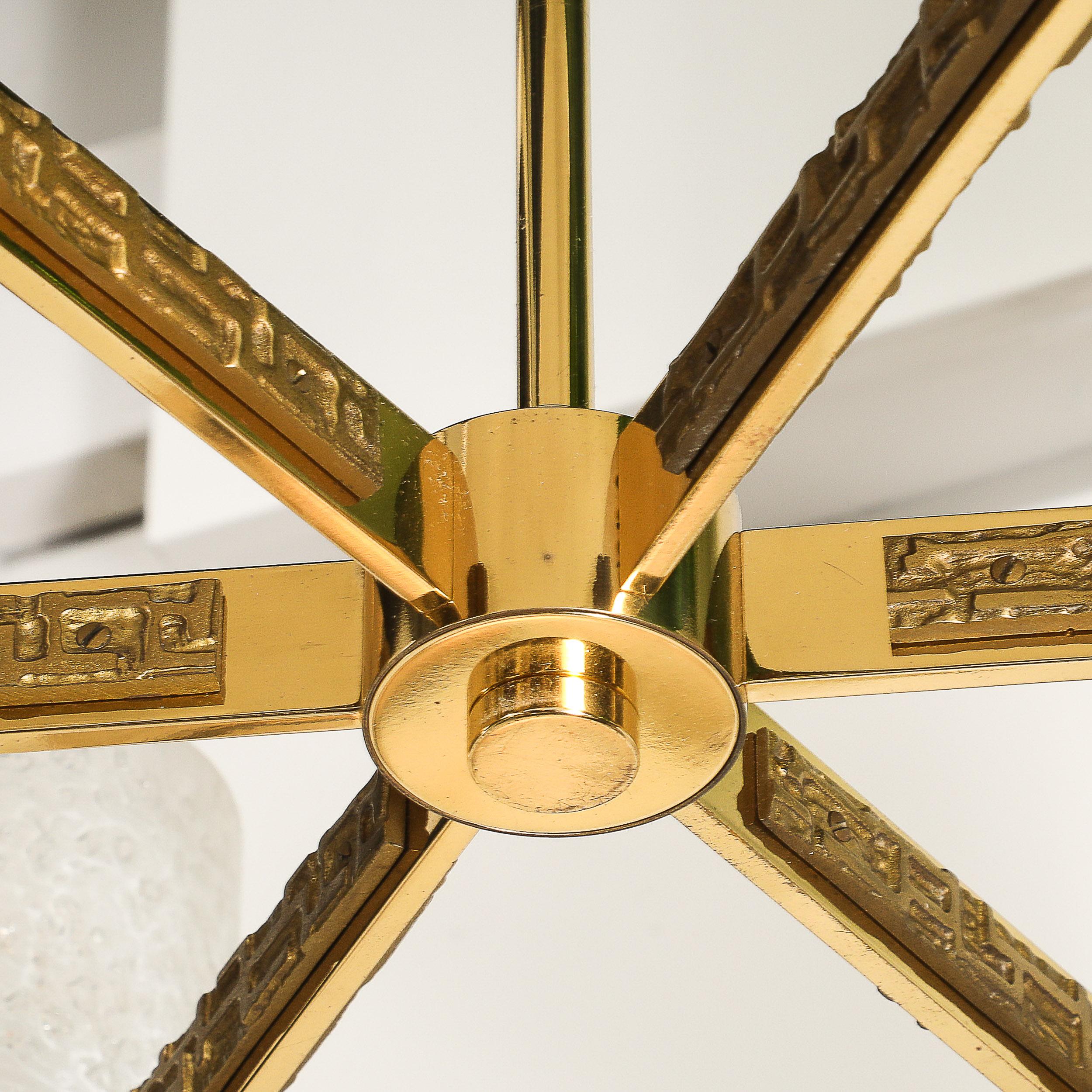 Mid-Century Brutalist Six Arm Textural Brass & Mottled Glass Chandelier For Sale 8