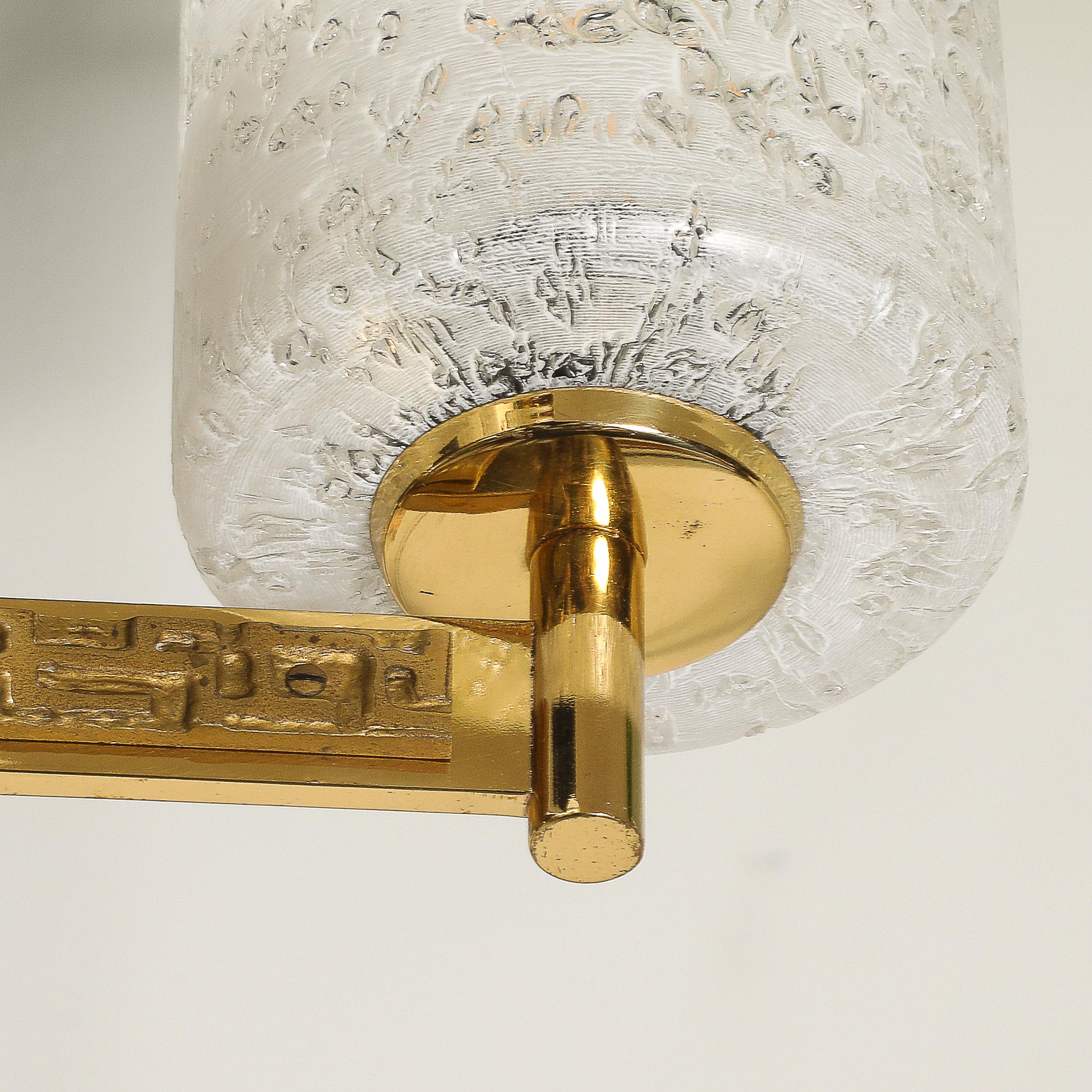 Mid-Century Brutalist Six Arm Textural Brass & Mottled Glass Chandelier For Sale 9