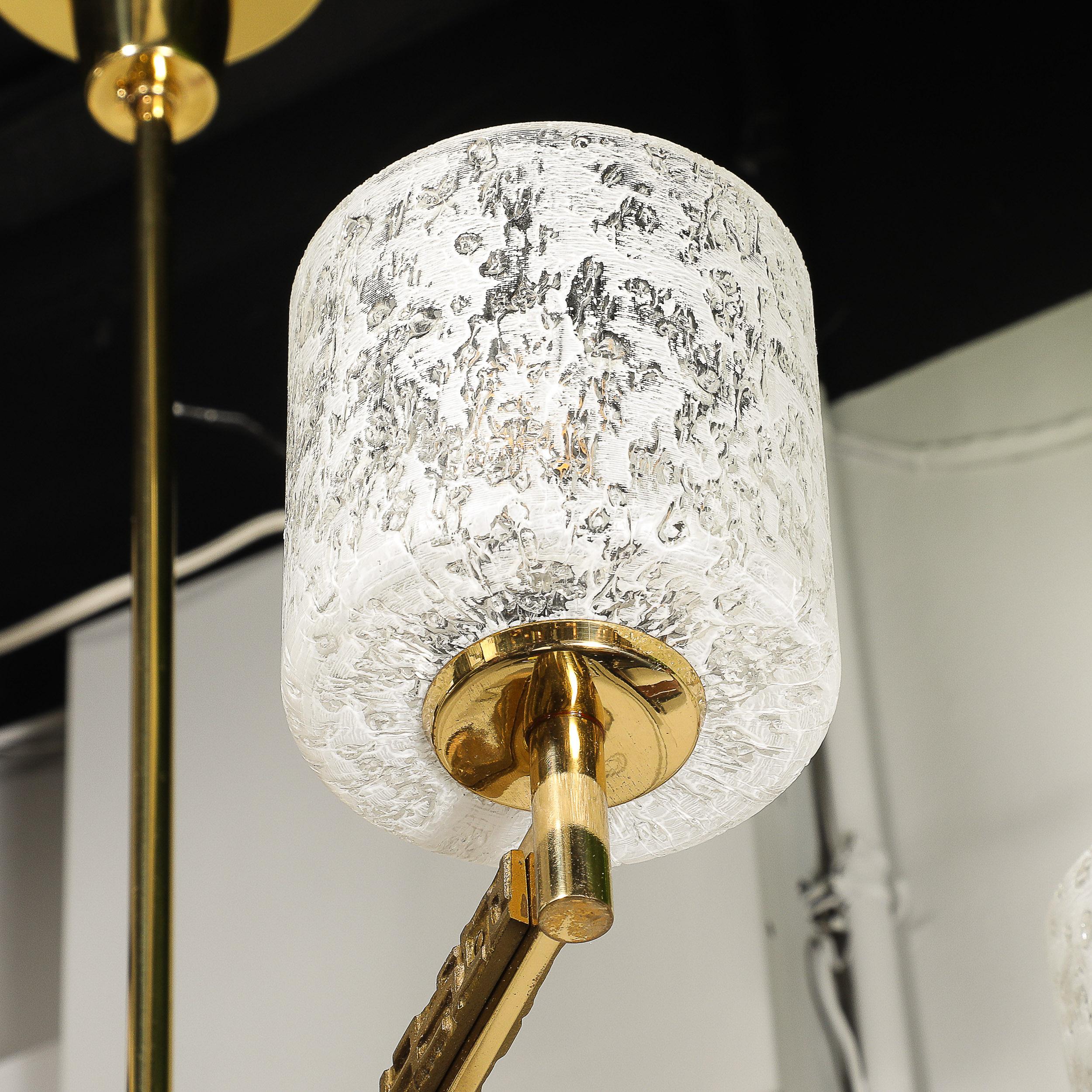 Mid-Century Brutalist Six Arm Textural Brass & Mottled Glass Chandelier For Sale 10