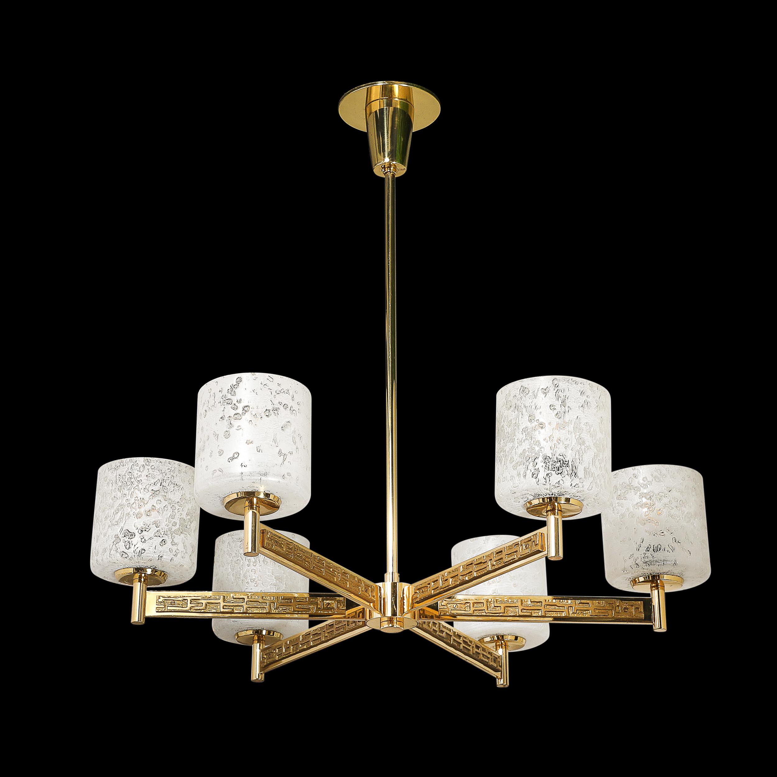 Mid-Century Modern Mid-Century Brutalist Six Arm Textural Brass & Mottled Glass Chandelier For Sale