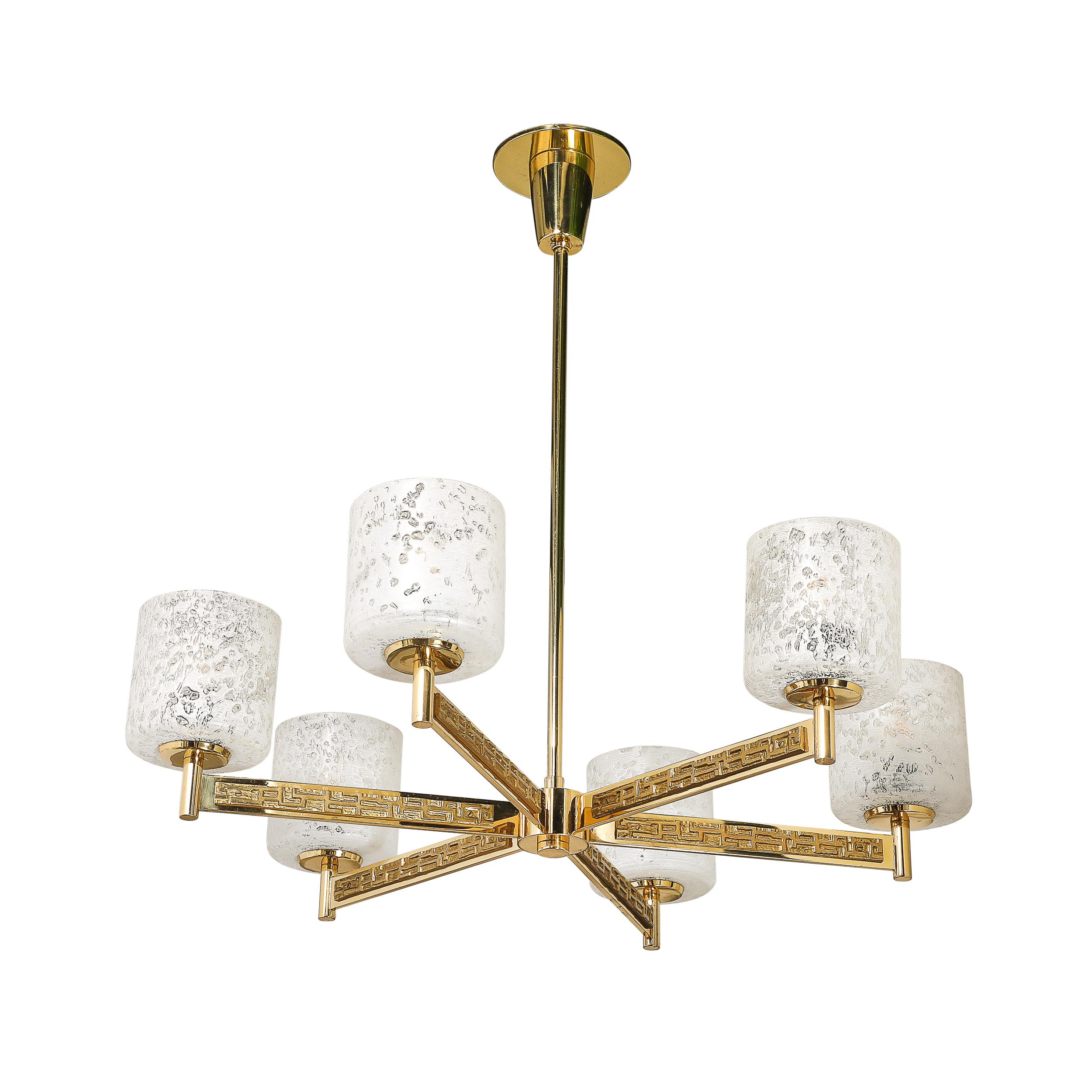 Italian Mid-Century Brutalist Six Arm Textural Brass & Mottled Glass Chandelier For Sale