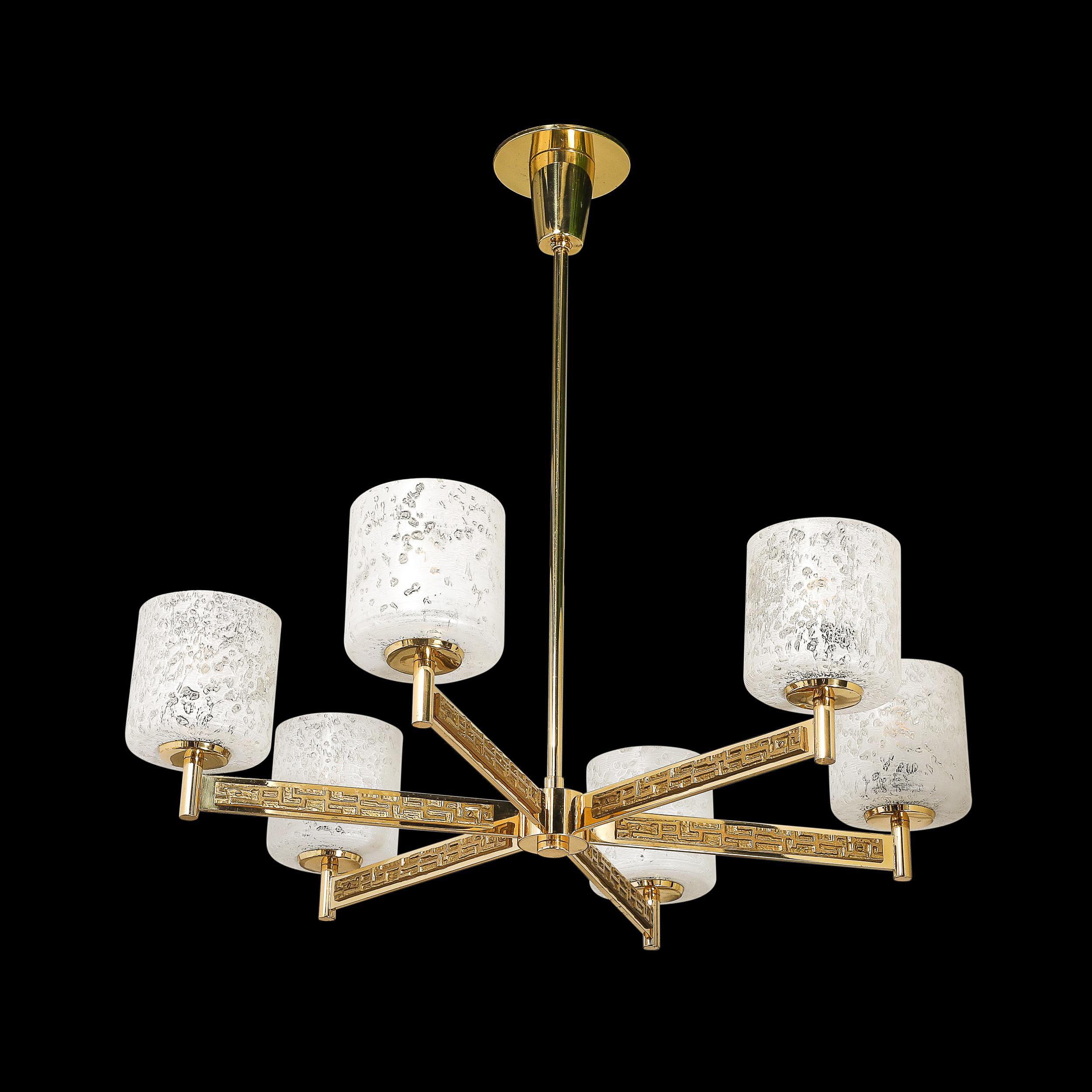 Mid-Century Brutalist Six Arm Textural Brass & Mottled Glass Chandelier In Excellent Condition For Sale In New York, NY