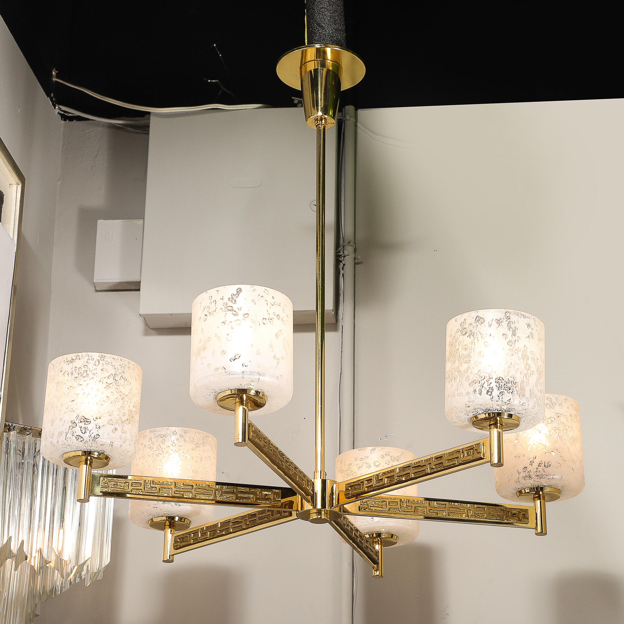 Late 20th Century Mid-Century Brutalist Six Arm Textural Brass & Mottled Glass Chandelier For Sale