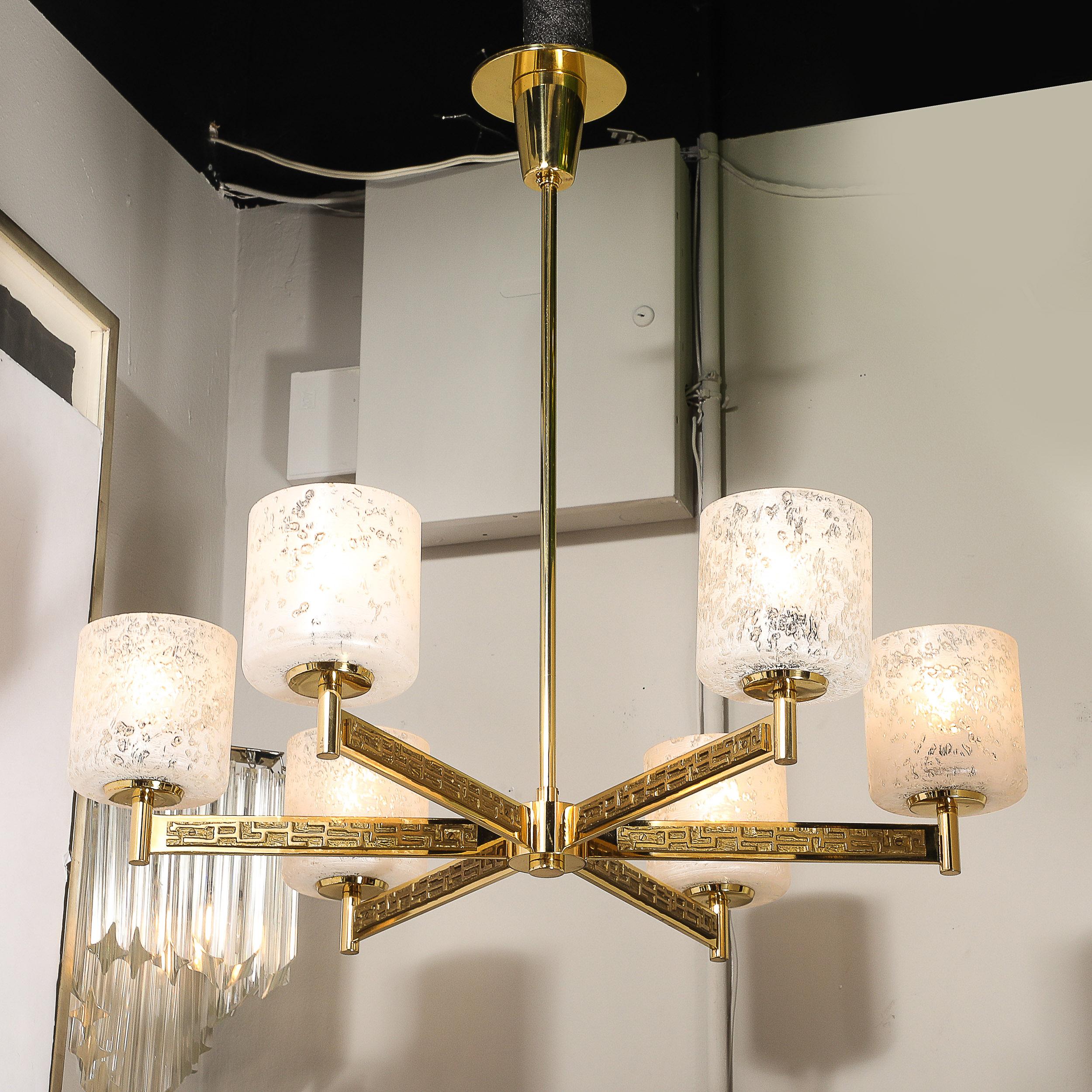 Mid-Century Brutalist Six Arm Textural Brass & Mottled Glass Chandelier For Sale 1