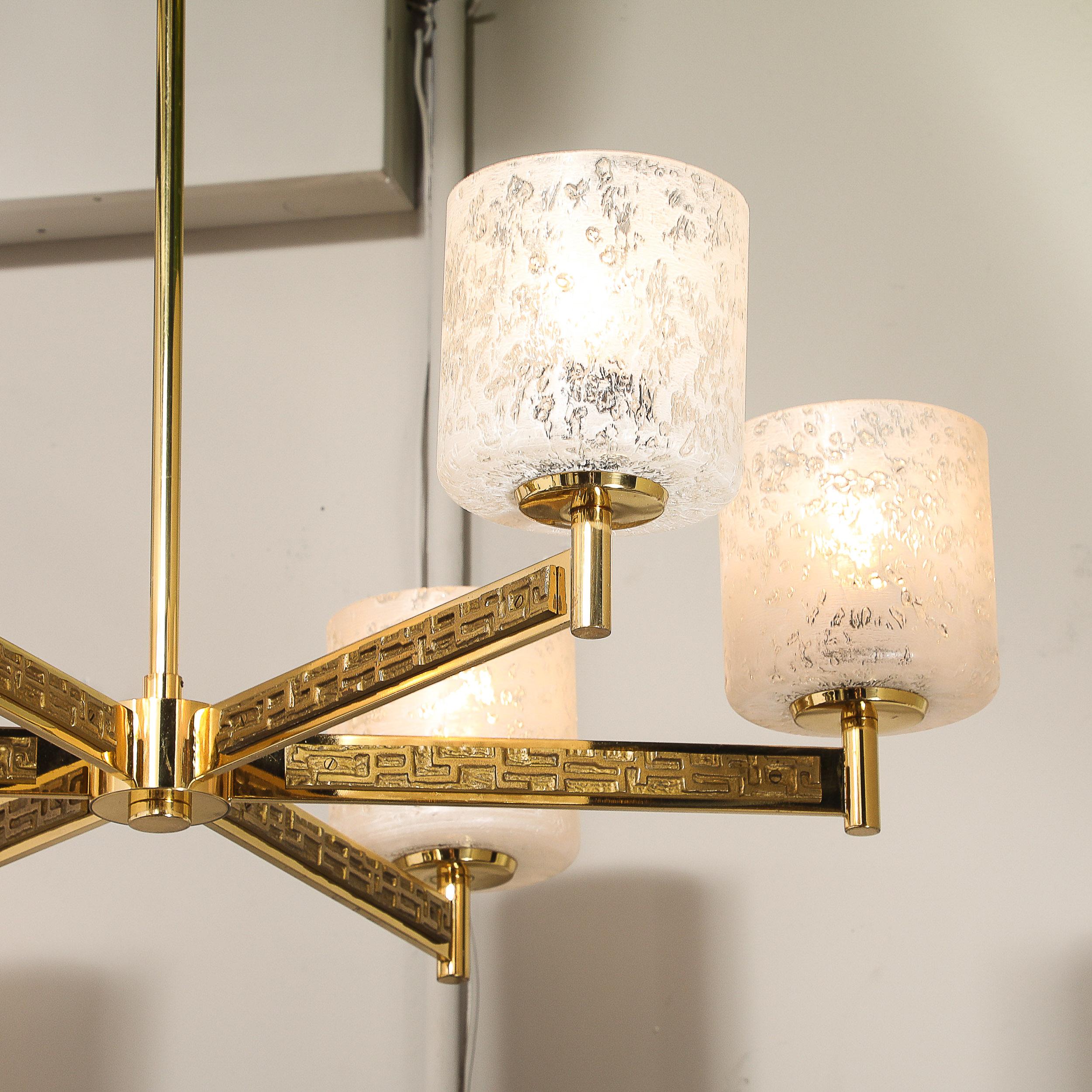 Mid-Century Brutalist Six Arm Textural Brass & Mottled Glass Chandelier For Sale 2
