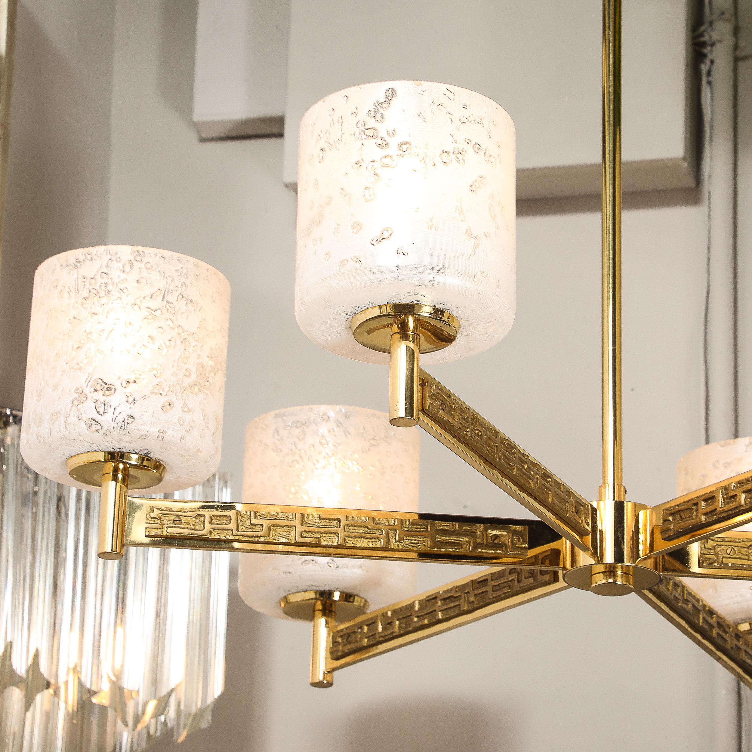 Mid-Century Brutalist Six Arm Textural Brass & Mottled Glass Chandelier For Sale 3
