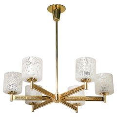 Mid-Century Brutalist Six Arm Textural Brass & Mottled Glass Chandelier
