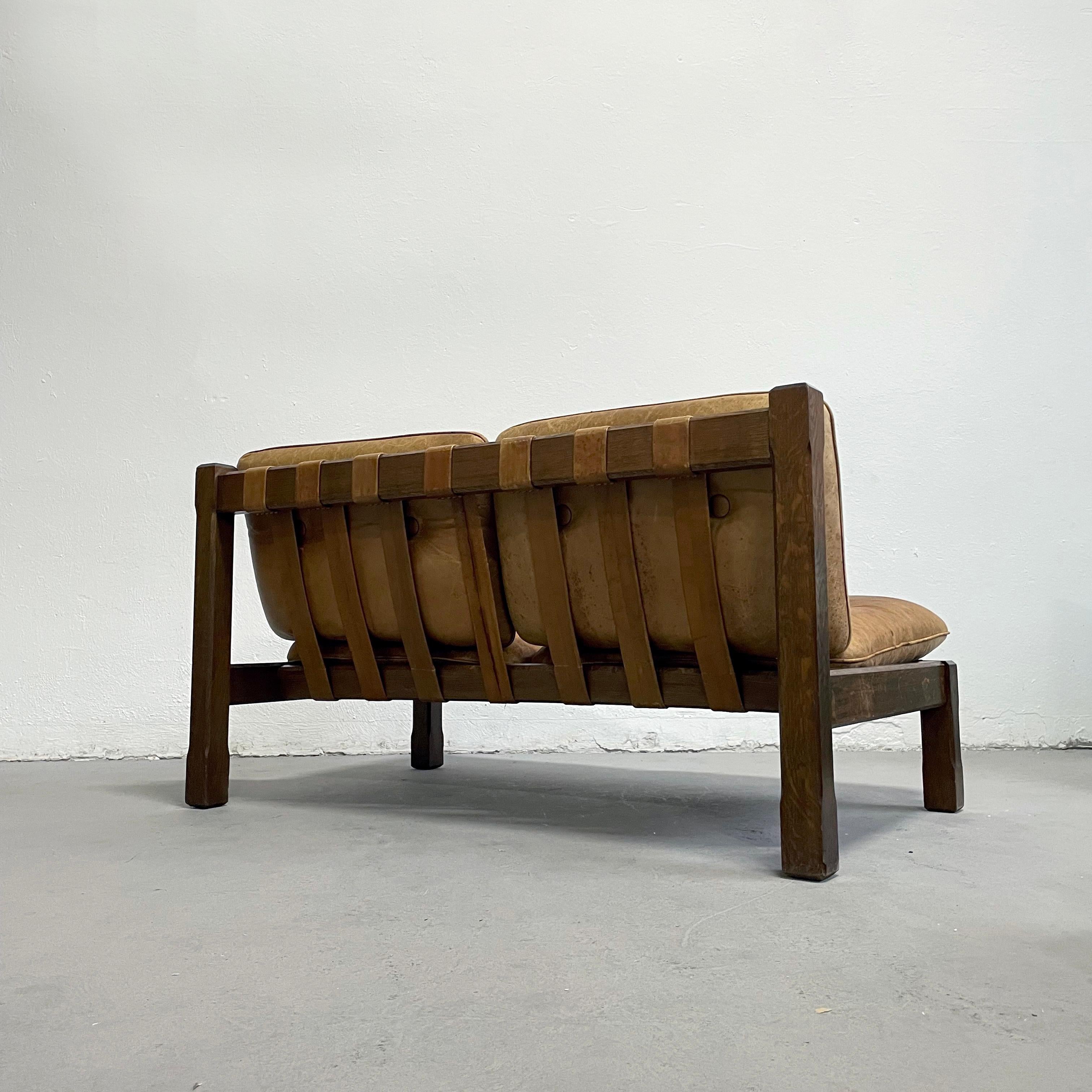 European Mid Century Brutalist Sofa in Solid Oak and Leather, 1960s