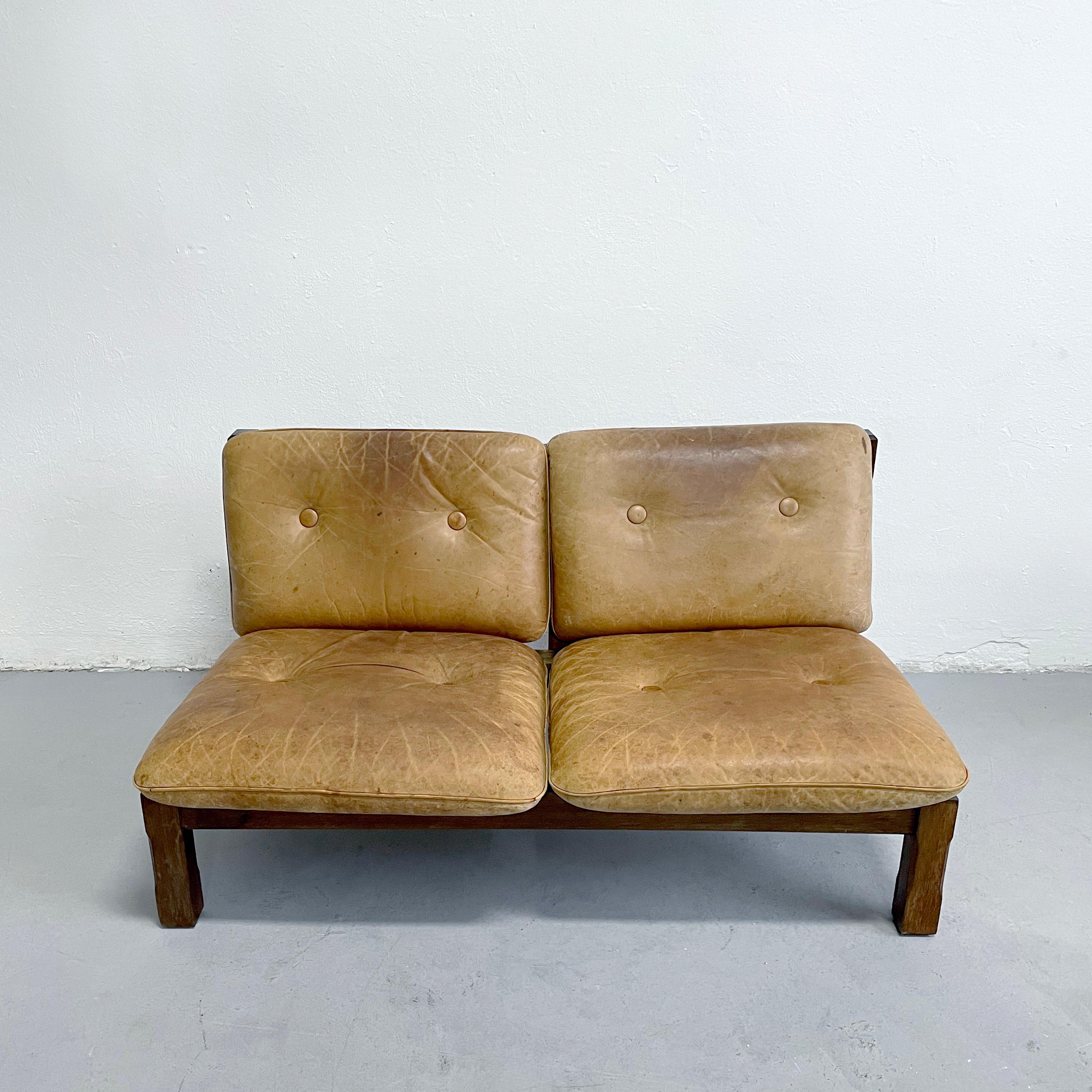 20th Century Mid Century Brutalist Sofa in Solid Oak and Leather, 1960s