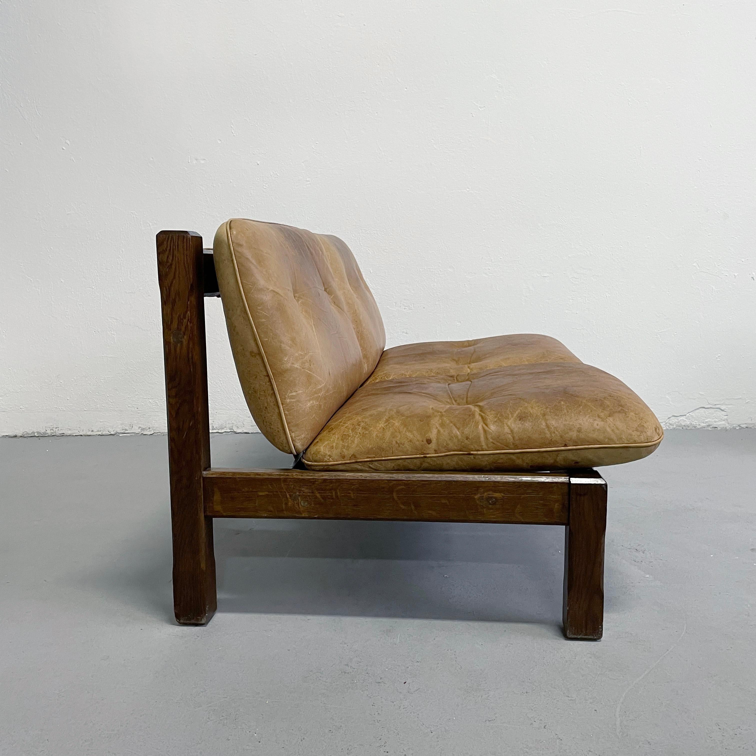 Mid Century Brutalist Sofa in Solid Oak and Leather, 1960s 1