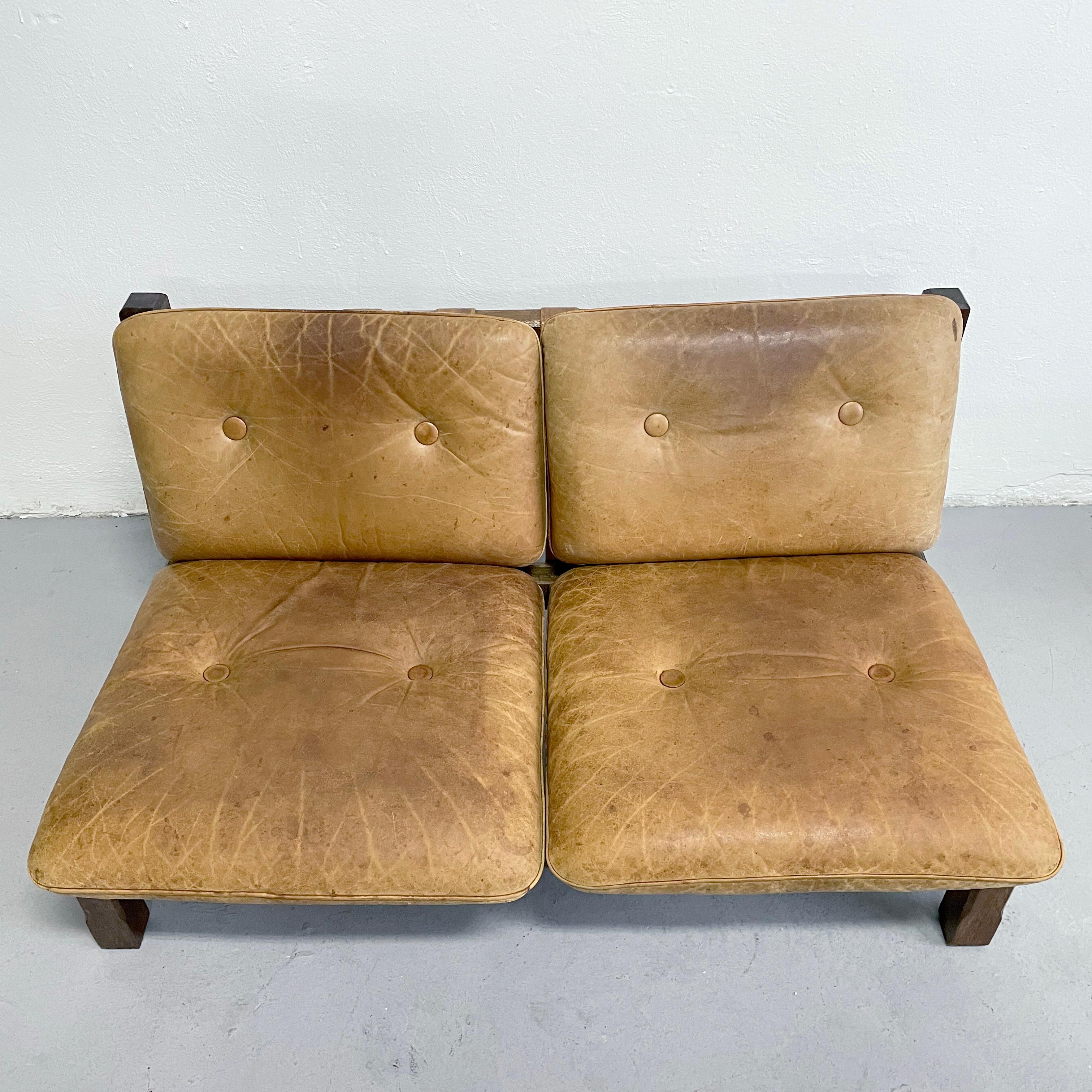 Mid Century Brutalist Sofa in Solid Oak and Leather, 1960s 2