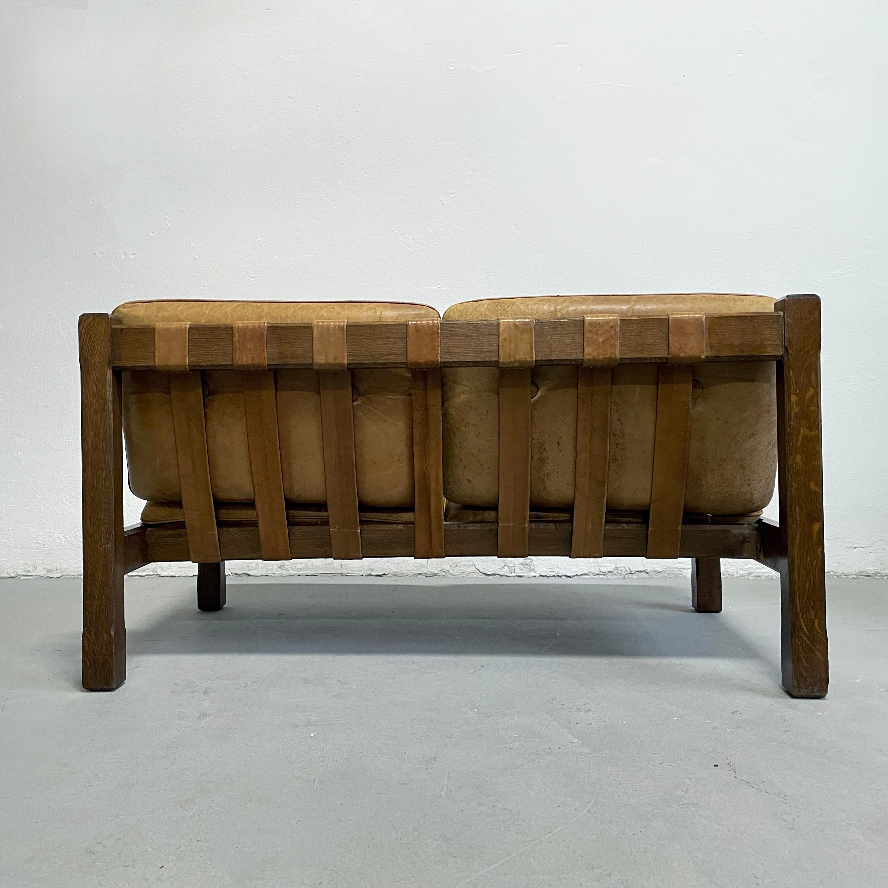 Mid Century Brutalist Sofa in Solid Oak and Leather, 1960s 3