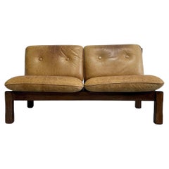 Mid Century Brutalist Sofa in Solid Oak and Leather, 1960s