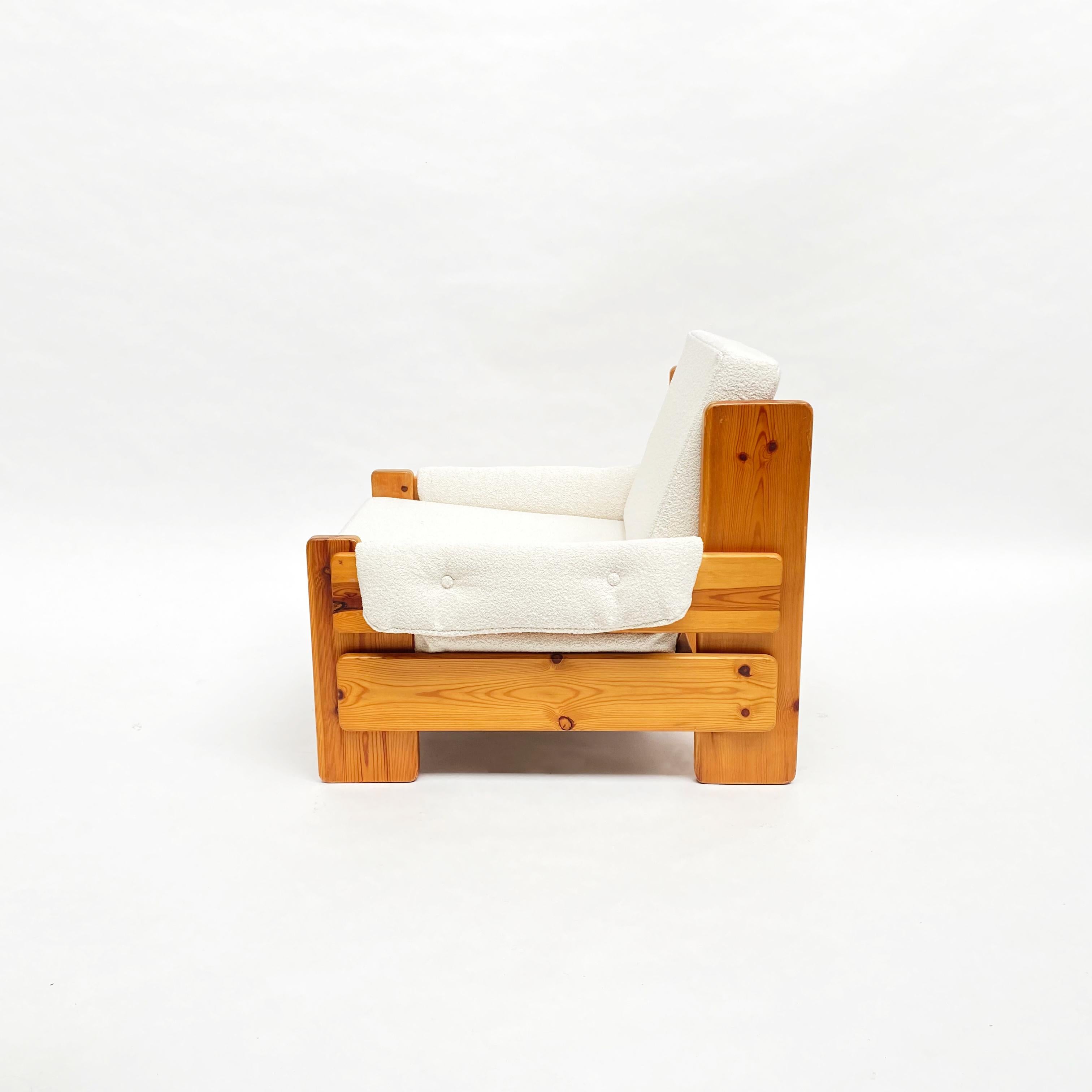 Swedish Mid-Century Brutalist Solid Pine Lounge Chair, Sweden, 1970s For Sale