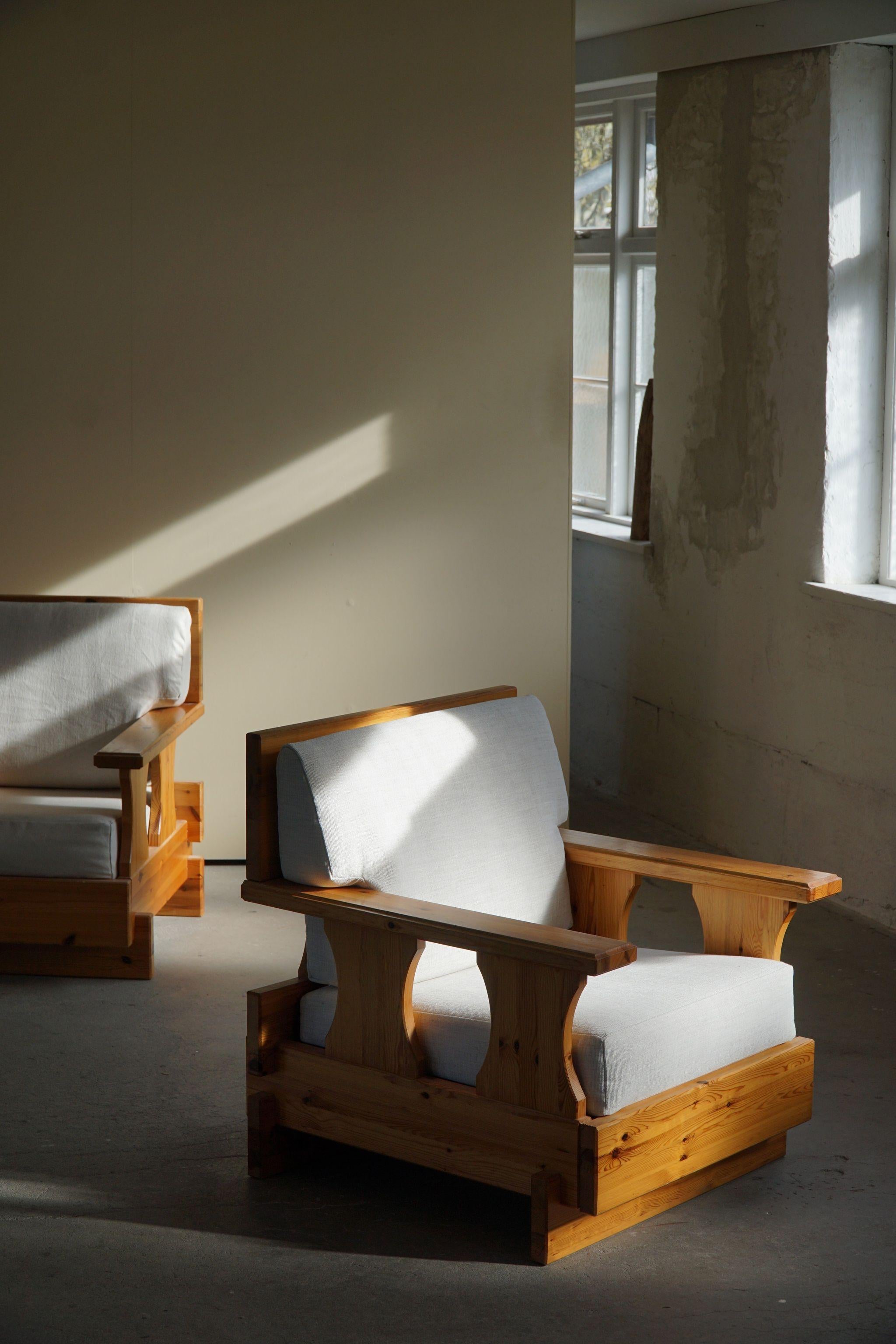 Mid Century Brutalist Solid Pine Lounge Chairs, Reupholstered, Sweden, 1970s 4