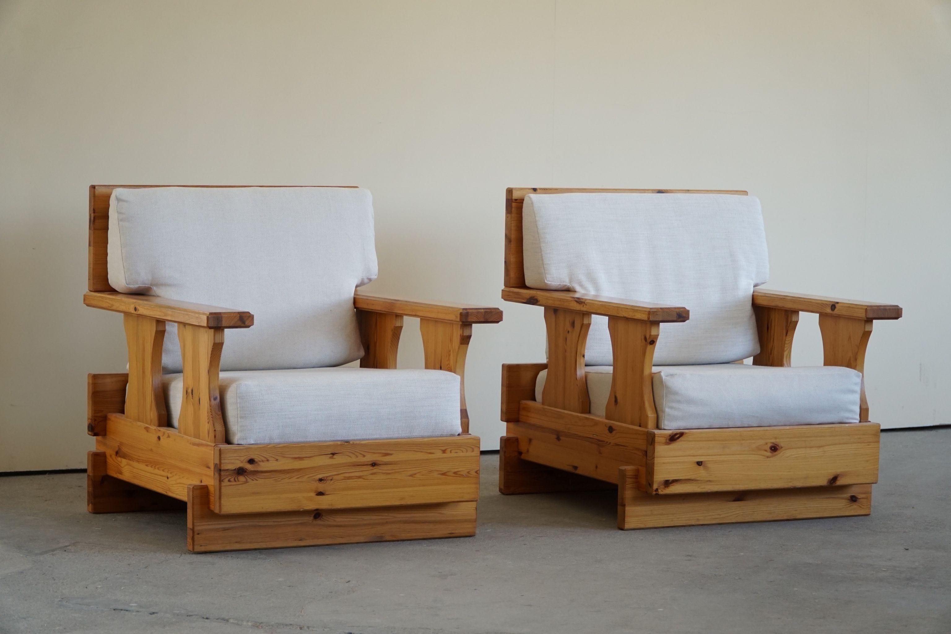 Mid Century Brutalist Solid Pine Lounge Chairs, Reupholstered, Sweden, 1970s 10