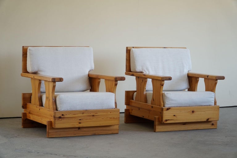 Mid Century Brutalist Solid Pine Lounge Chairs, Reupholstered, Sweden, 1970s For Sale 10