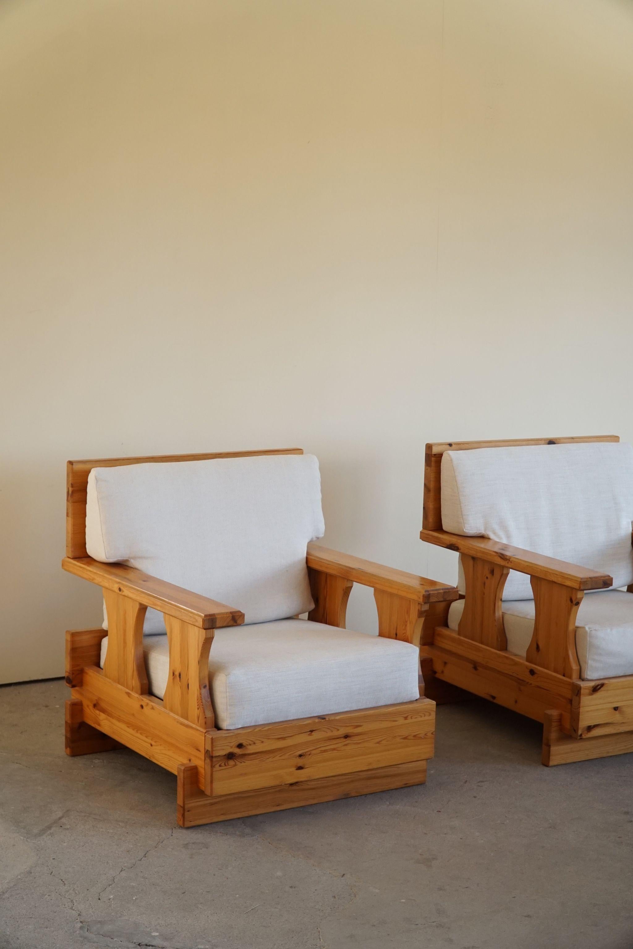 Mid Century Brutalist Solid Pine Lounge Chairs, Reupholstered, Sweden, 1970s 1