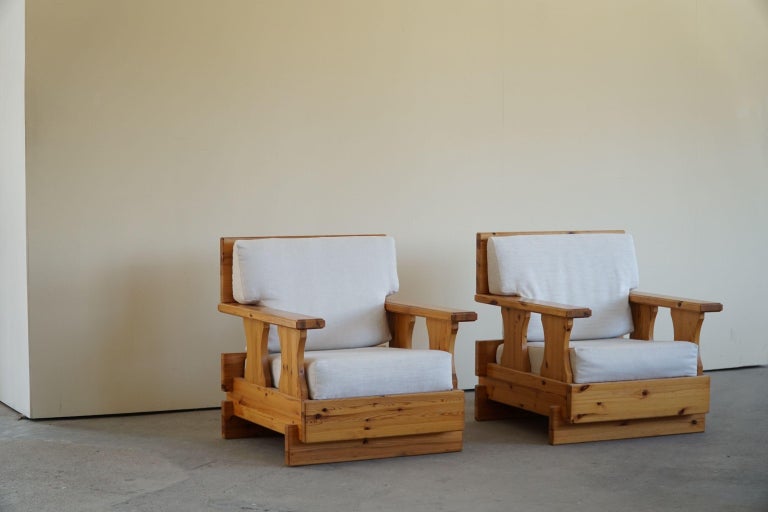 Mid Century Brutalist Solid Pine Lounge Chairs, Reupholstered, Sweden, 1970s For Sale 2