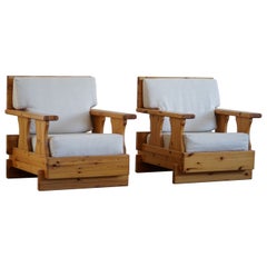 Mid Century Brutalist Solid Pine Lounge Chairs, Reupholstered, Sweden, 1970s