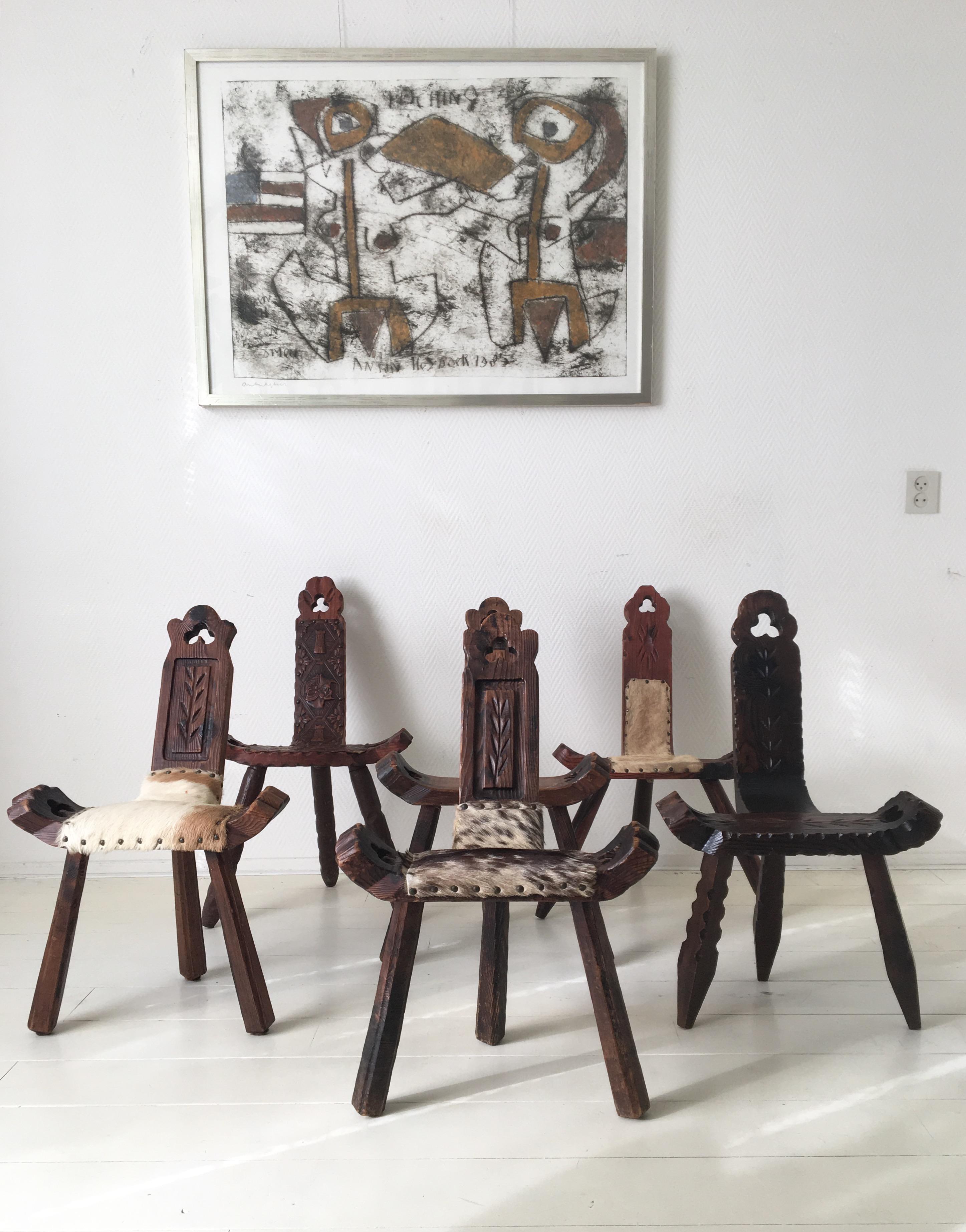 Carved Midcentury Brutalist Spanish Stools, Chairs
