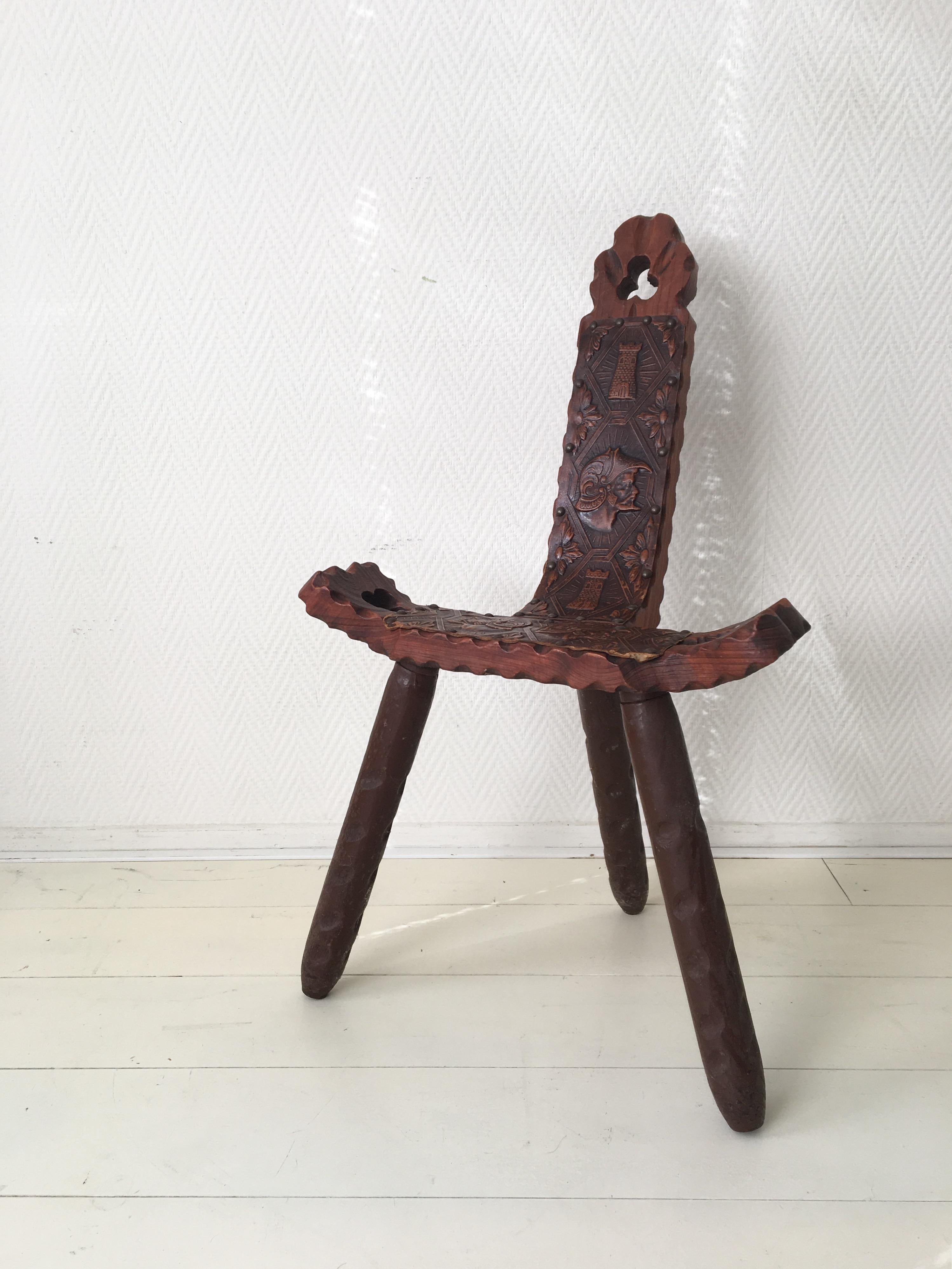 Wood Midcentury Brutalist Spanish Stools, Chairs