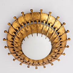 Mid Century Brutalist Spanish Sunburst Flush Mount Gilded Iron