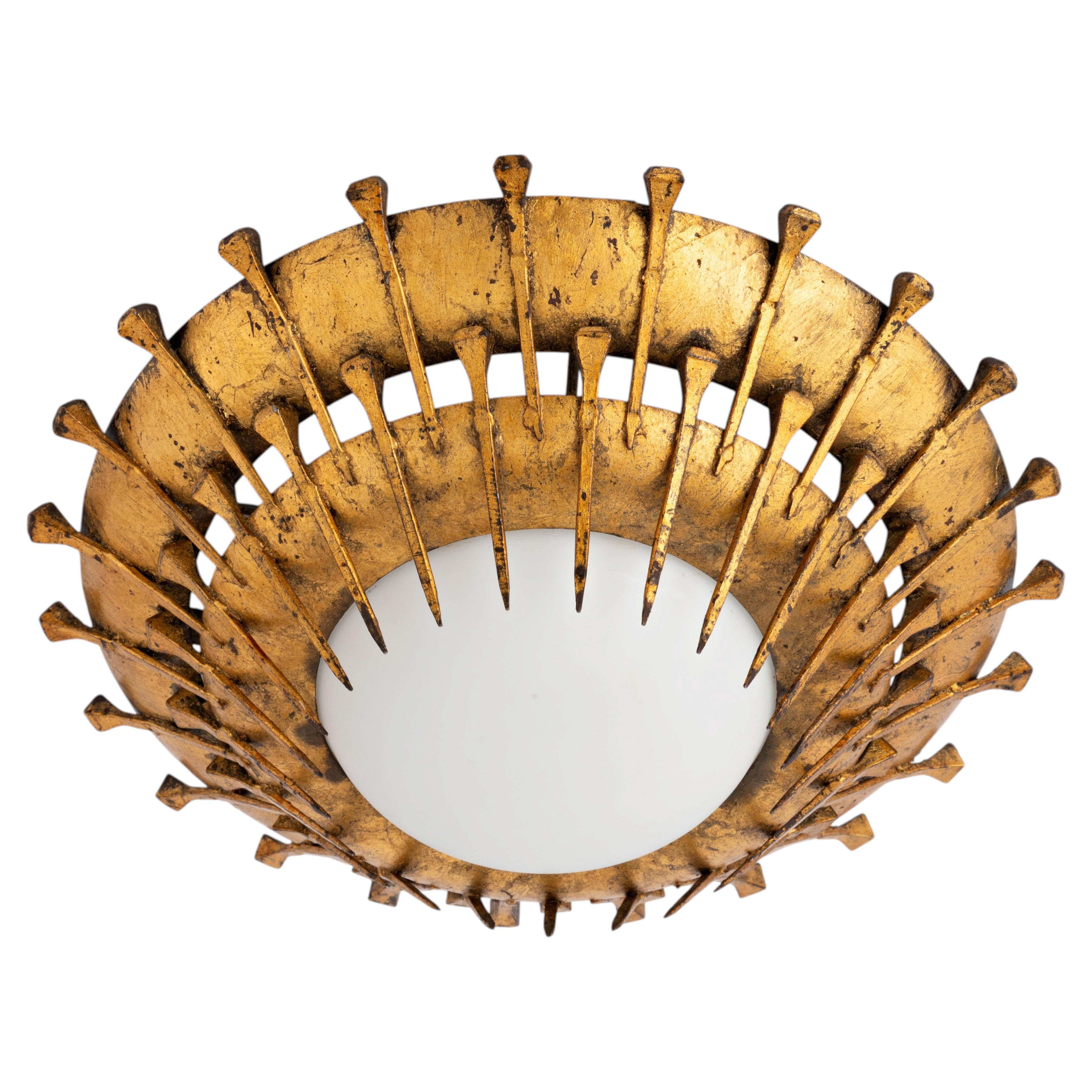 Mid Century Brutalist Spanish Sunburst Flush Mount Gilded Iron