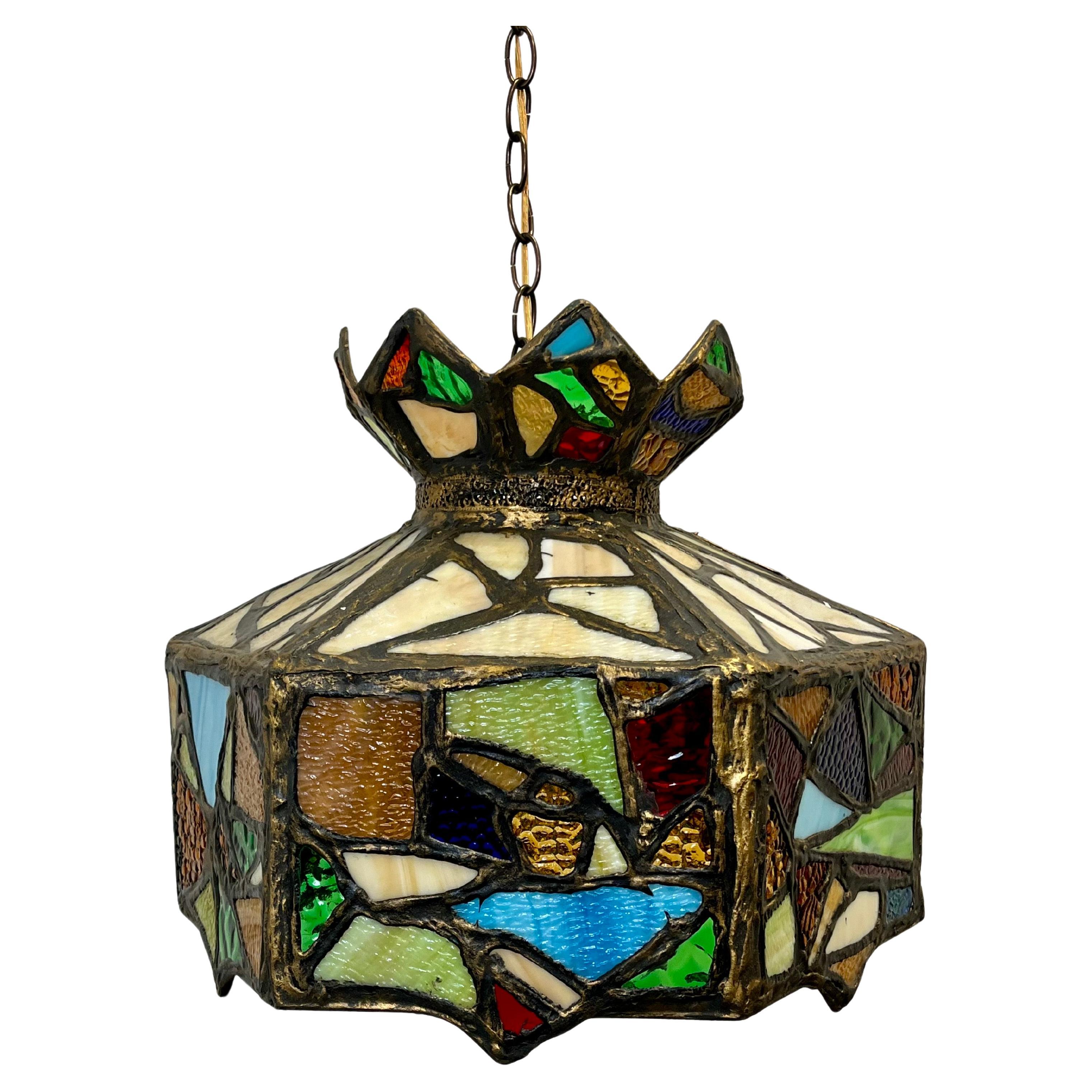 Mid Century Brutalist Stained Glass Chandelier