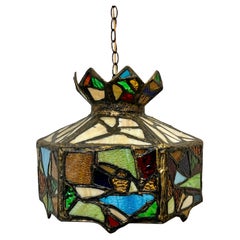 Mid Century Brutalist Stained Glass Chandelier