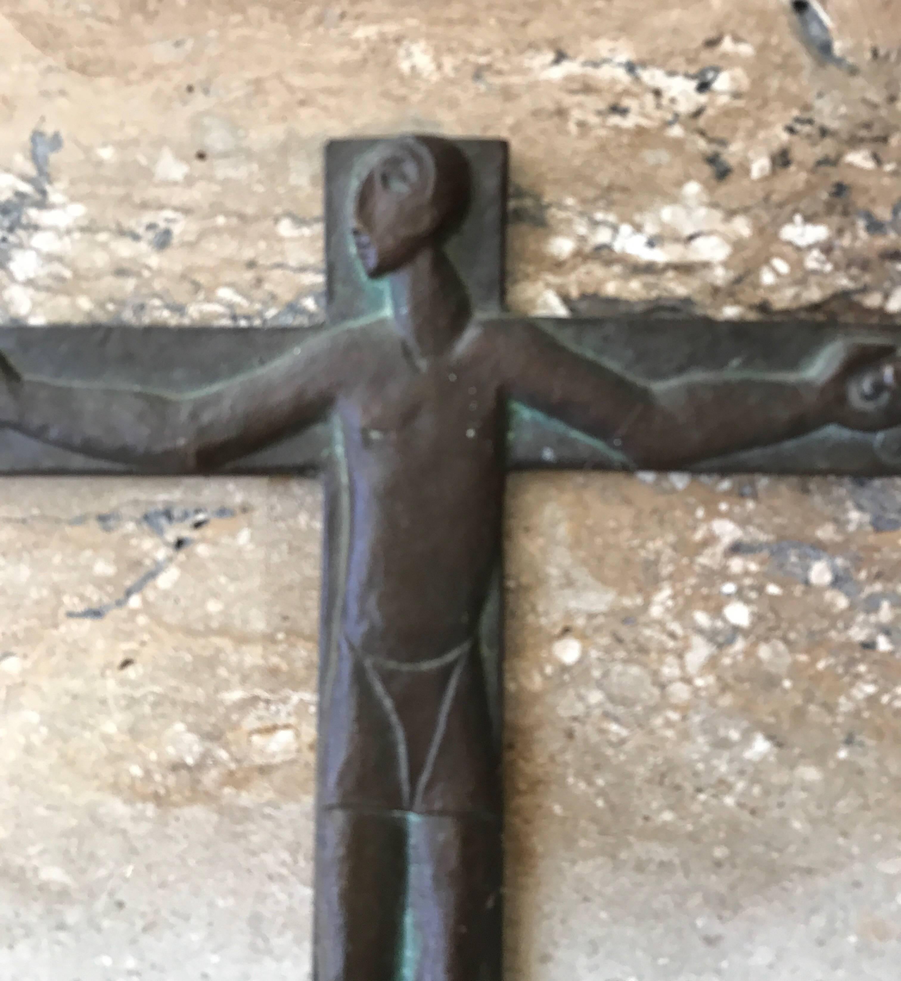 A powerful hand-hammered steel midcentury Brutalist crucifix cross.