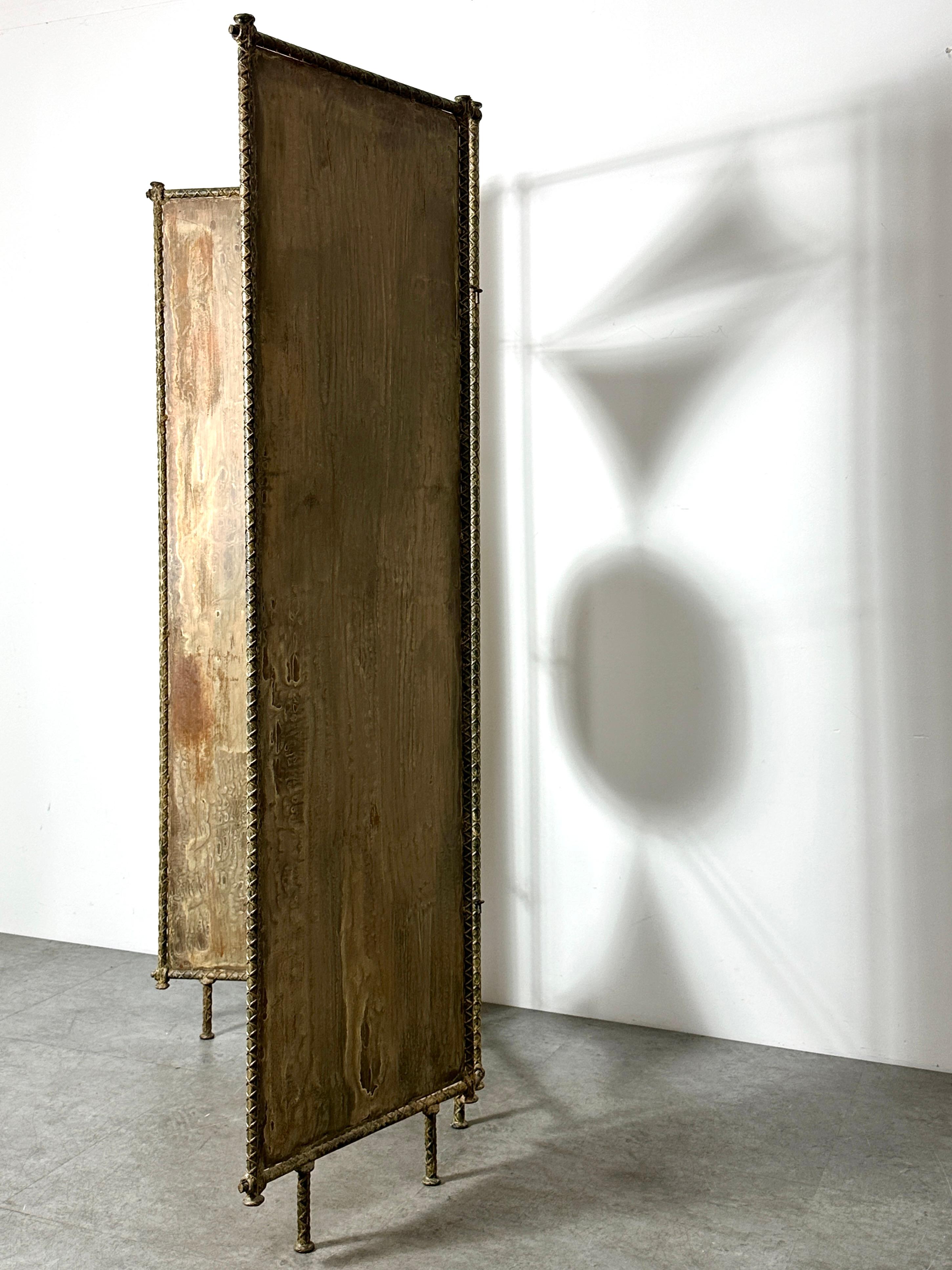 Patinated Mid Century Brutalist Steel & Leather Three Panel Room Divider Screen Sculpture For Sale