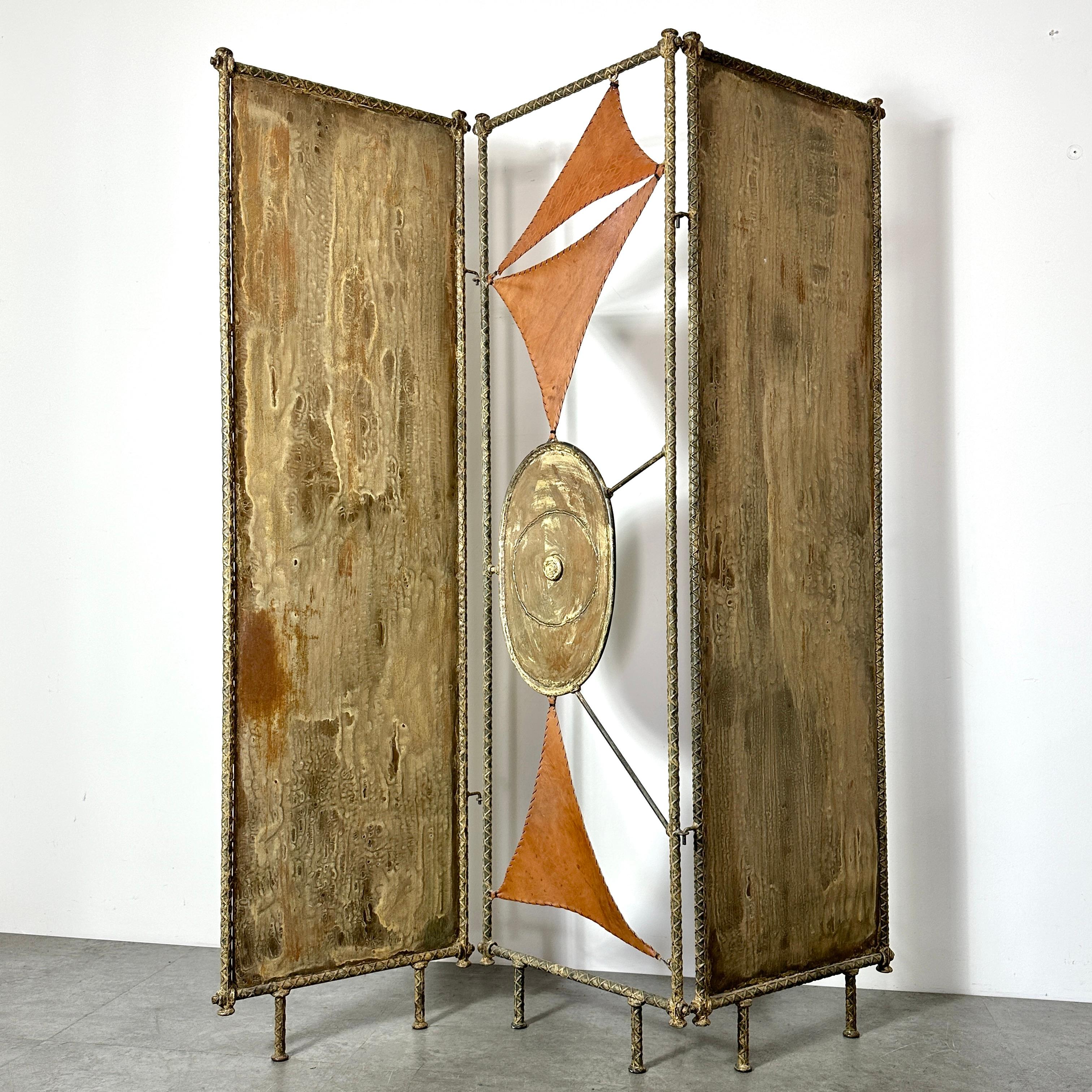 20th Century Mid Century Brutalist Steel & Leather Three Panel Room Divider Screen Sculpture For Sale