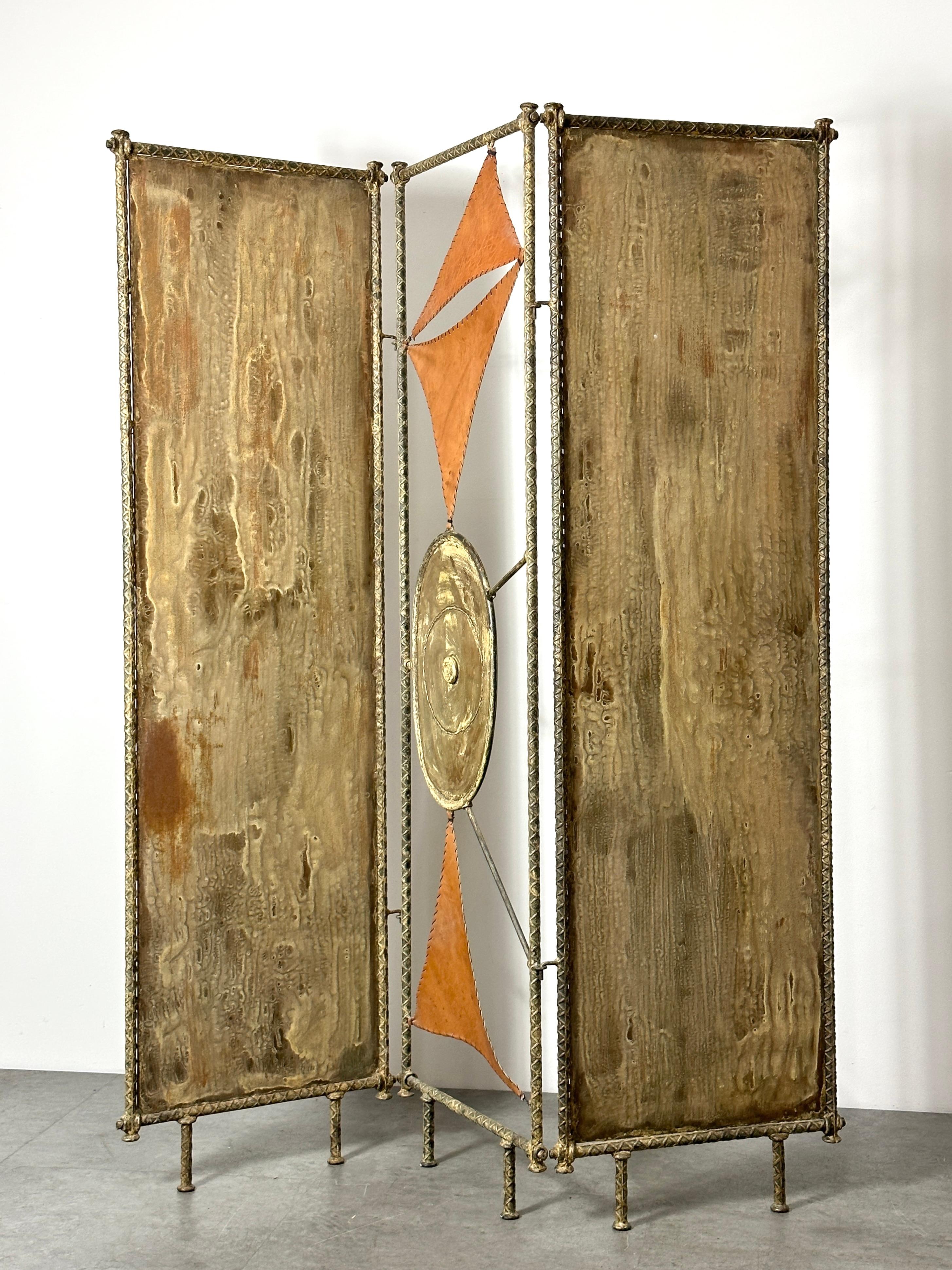 Mid Century Brutalist Steel & Leather Three Panel Room Divider Screen Sculpture For Sale 1