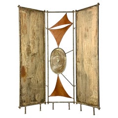 Mid Century Brutalist Stahl & Leder Drei Panel Raumteiler Bildschirm Skulptur