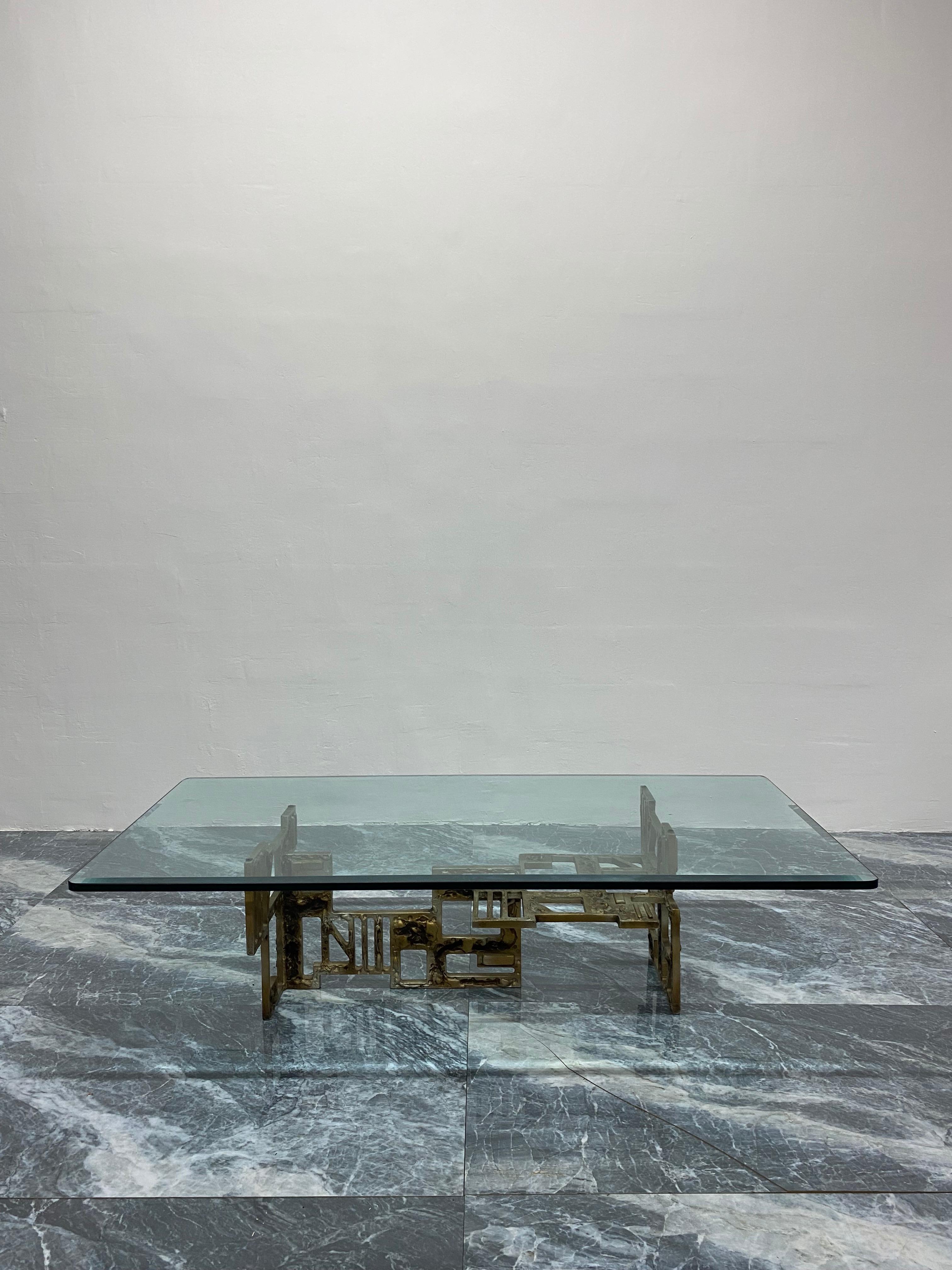 Brutalist sculpted steel coffee table base and 3/4