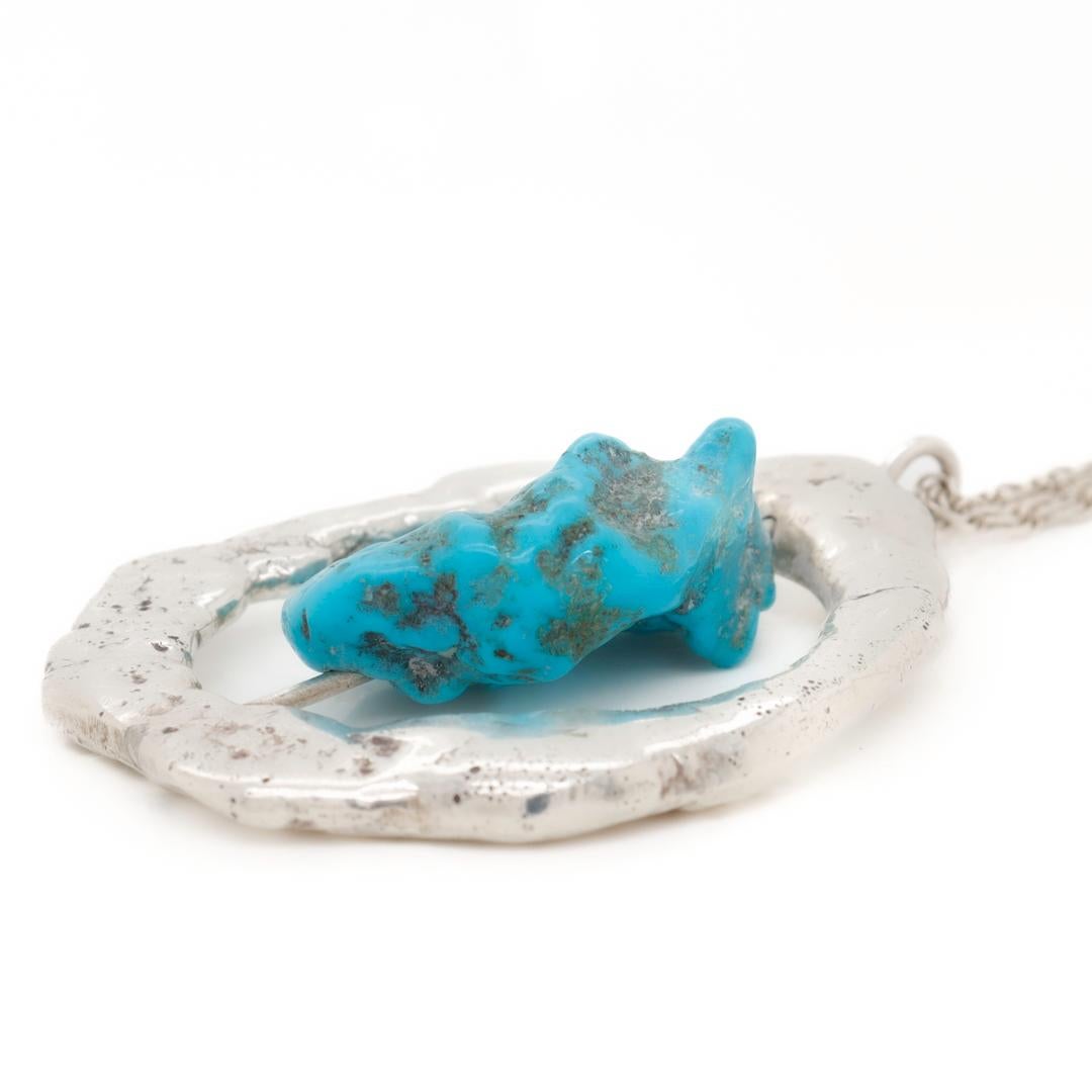 Mid-Century Brutalist Sterling Silver & Turquoise Nugget Pendant Necklace For Sale 5