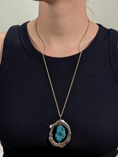Mid-Century Brutalist Sterling Silver & Turquoise Nugget Pendant Necklace