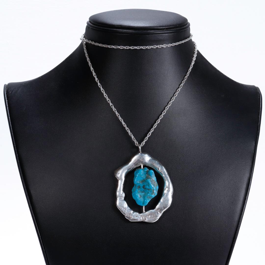 Mid-Century Brutalist Sterling Silver & Turquoise Nugget Pendant Necklace In Good Condition For Sale In Philadelphia, PA